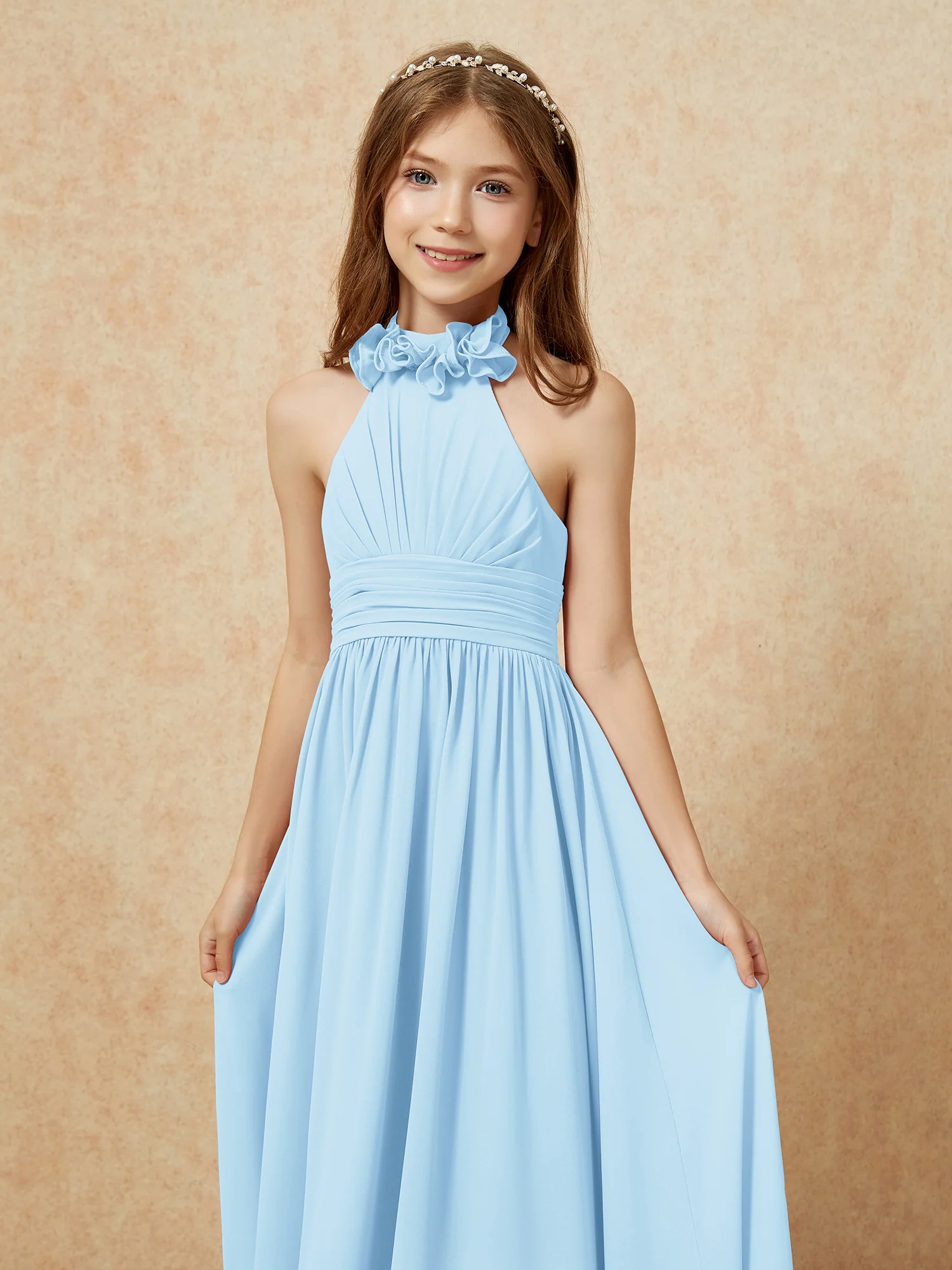 Halter Backless Chiffon Long Junior Bridesmaid Dress Sky Blue - Image 6