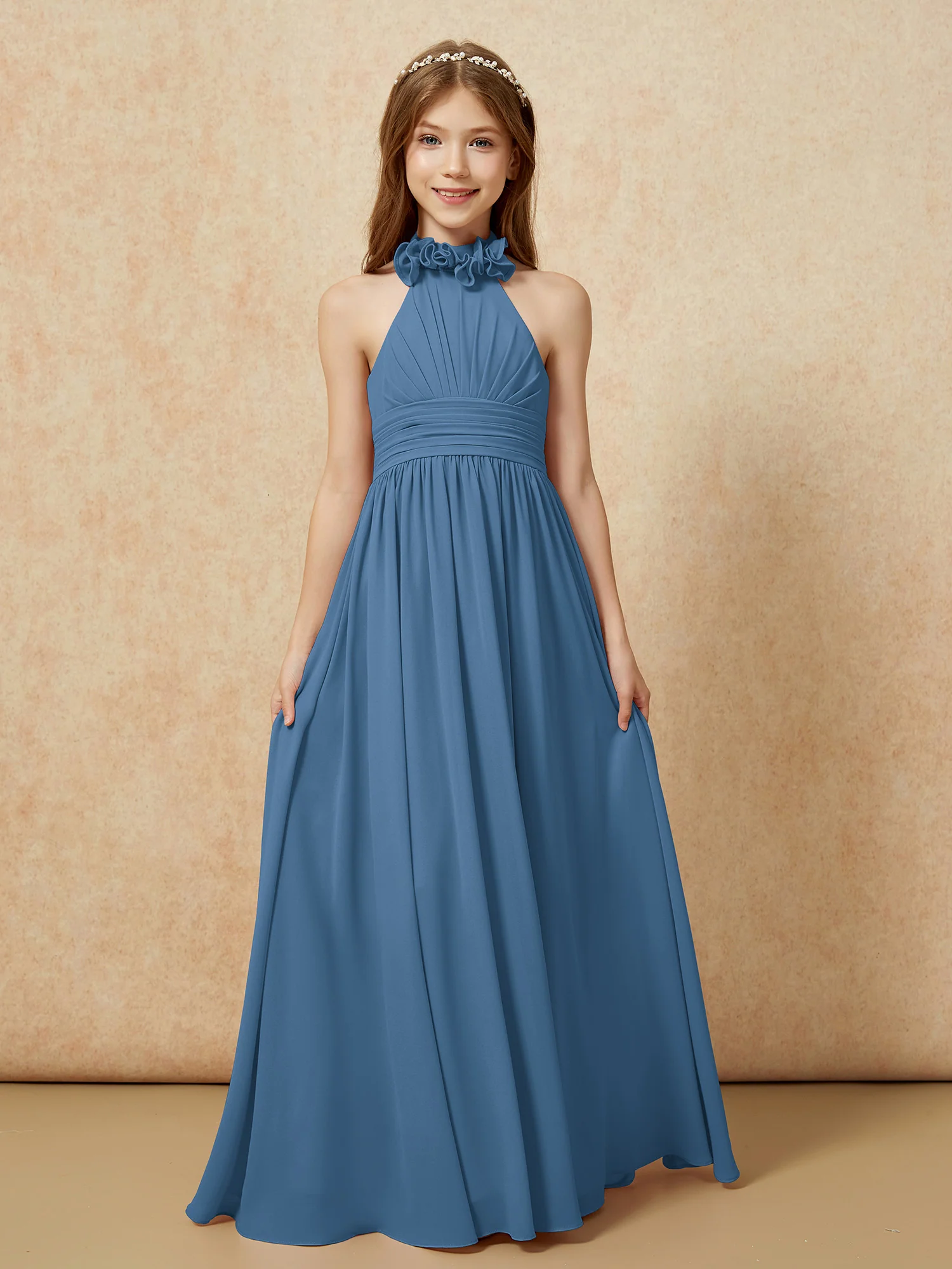 Halter Backless Chiffon Long Junior Bridesmaid Dress Slate Blue - Image 4