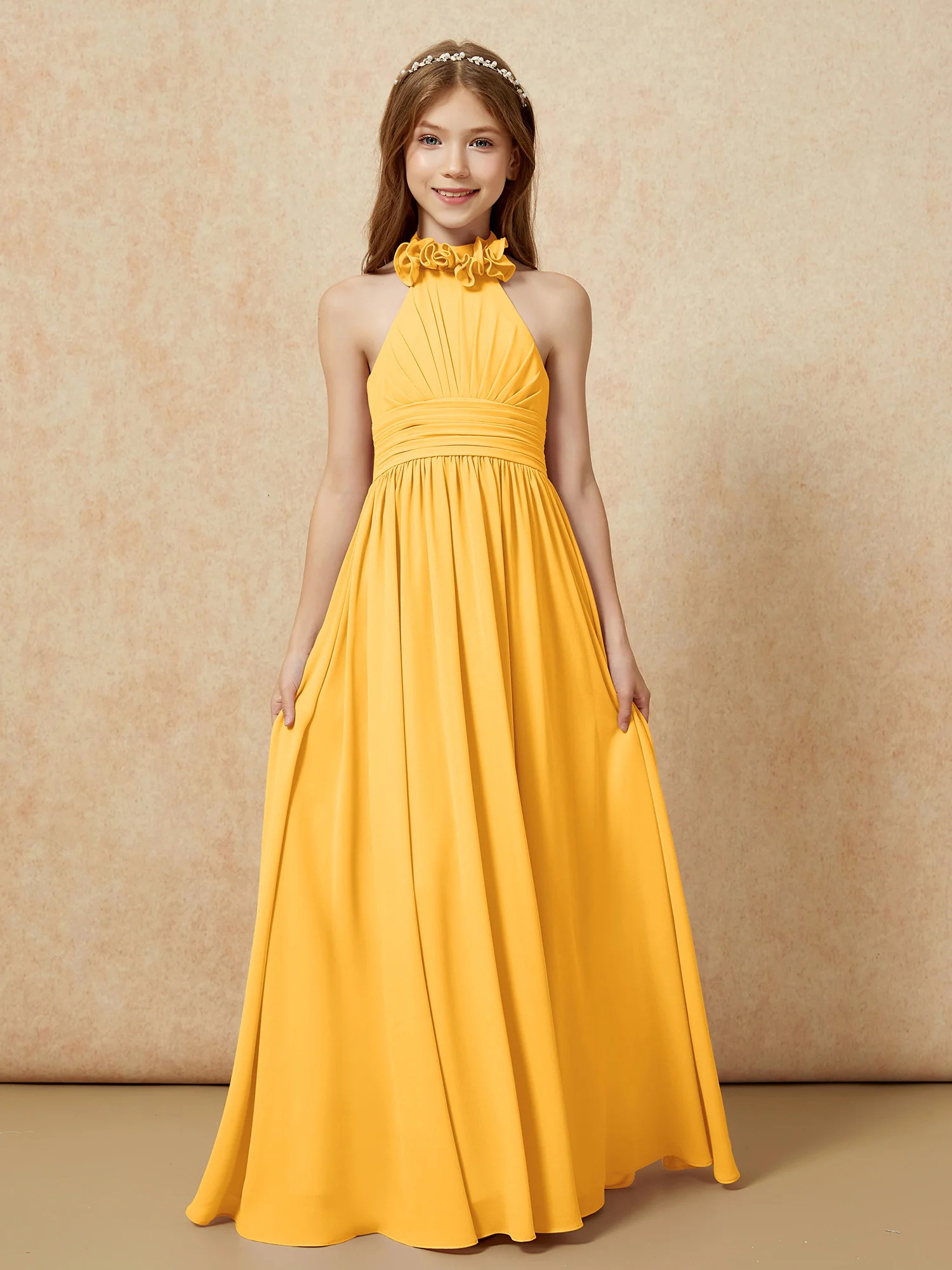 Halter Backless Chiffon Long Junior Bridesmaid Dress Tangerine - Image 4