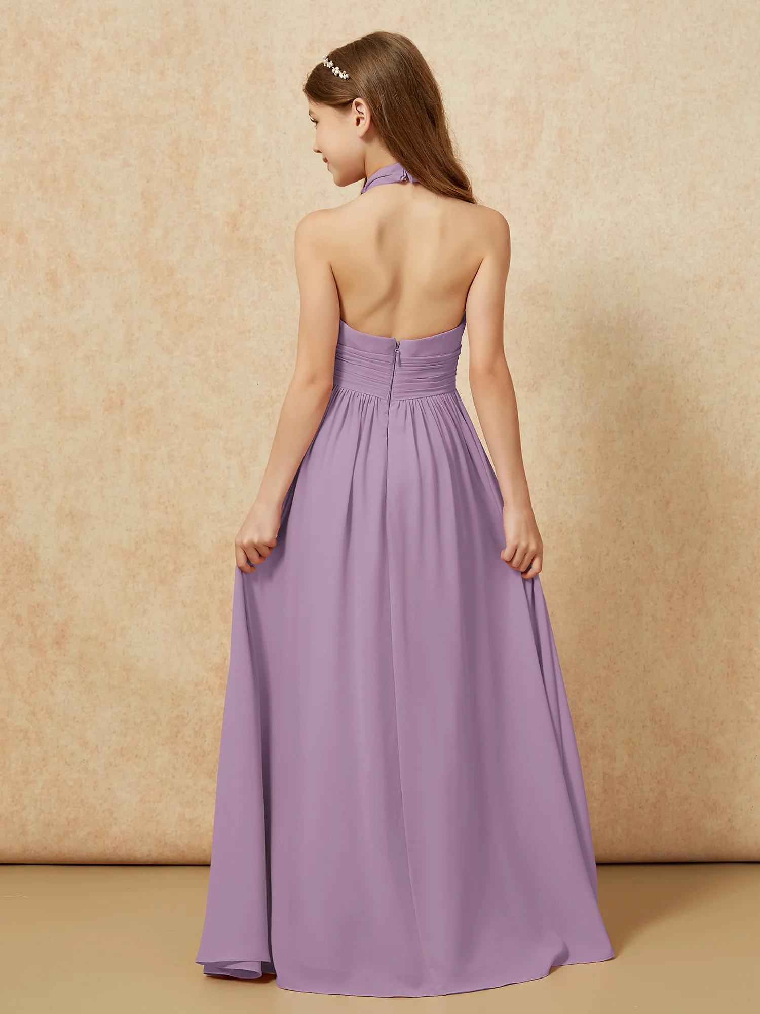 Halter Backless Chiffon Long Junior Bridesmaid Dress Wisteria - Image 2