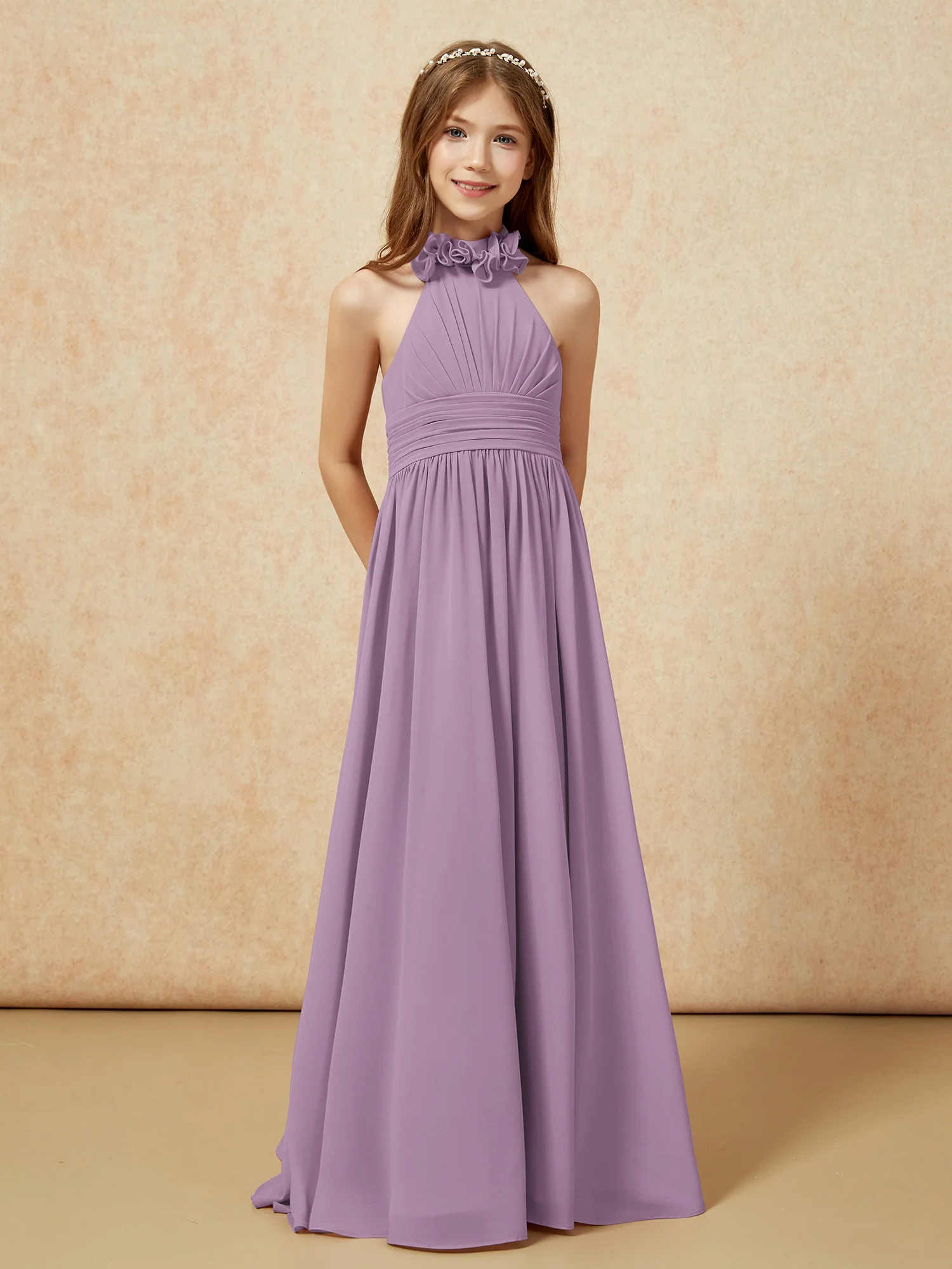 Halter Backless Chiffon Long Junior Bridesmaid Dress Wisteria - Image 5