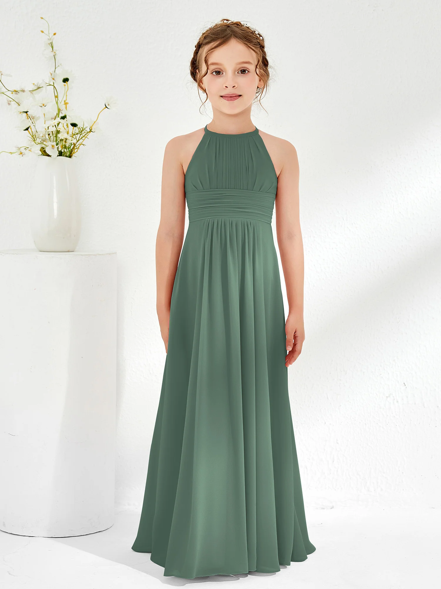 Halter Chiffon Junior Bridesmaid Dresses Eucalyptus