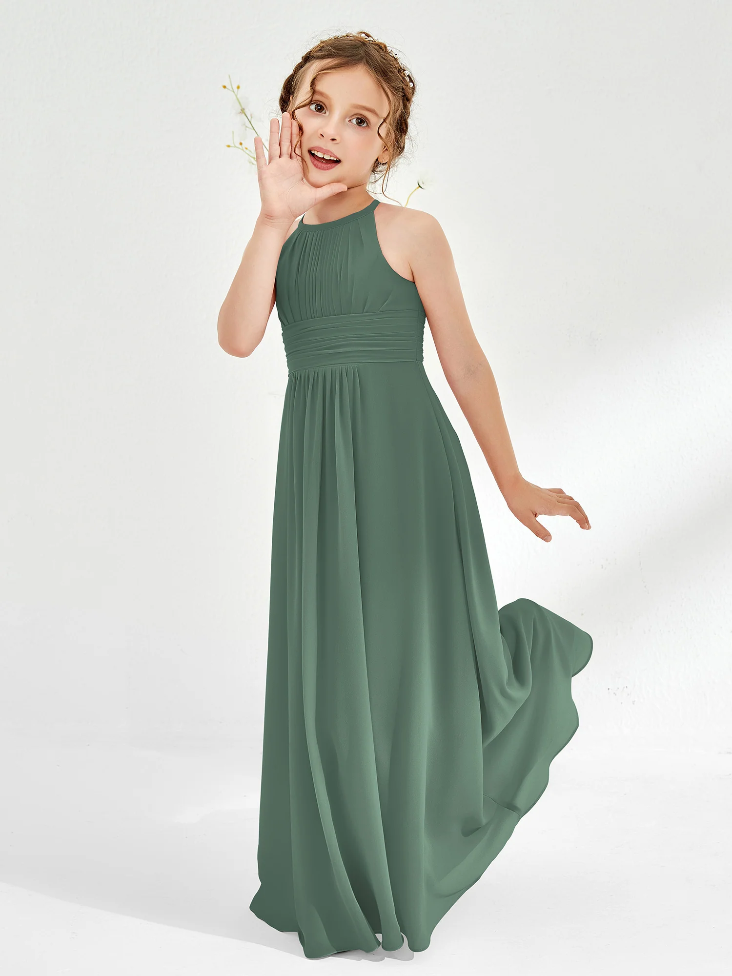 Halter Chiffon Junior Bridesmaid Dresses Eucalyptus - Image 3
