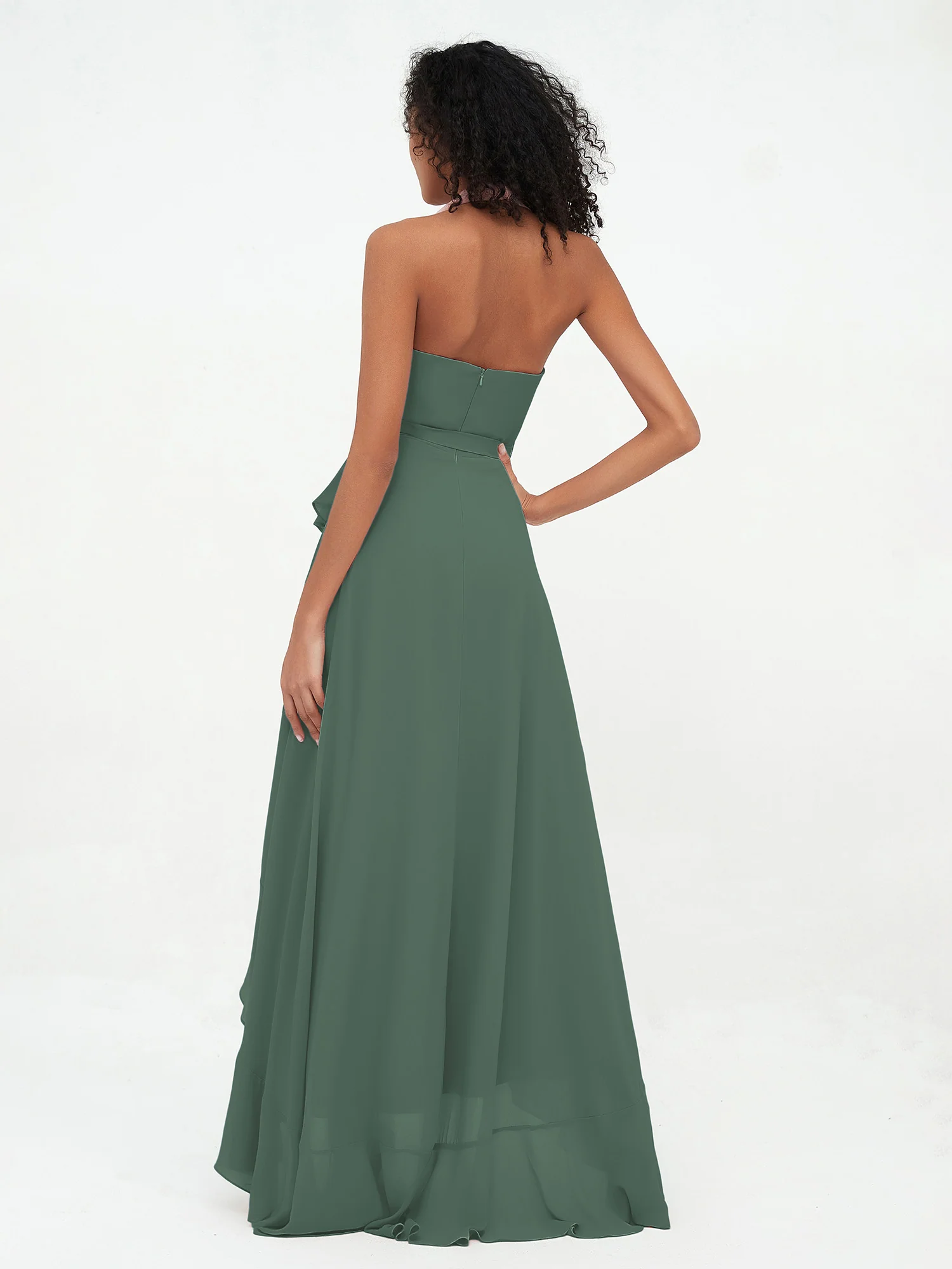 Halter Deep-V Neck Chiffon Asymmetrical Dresses-Eucalyptus - Image 2