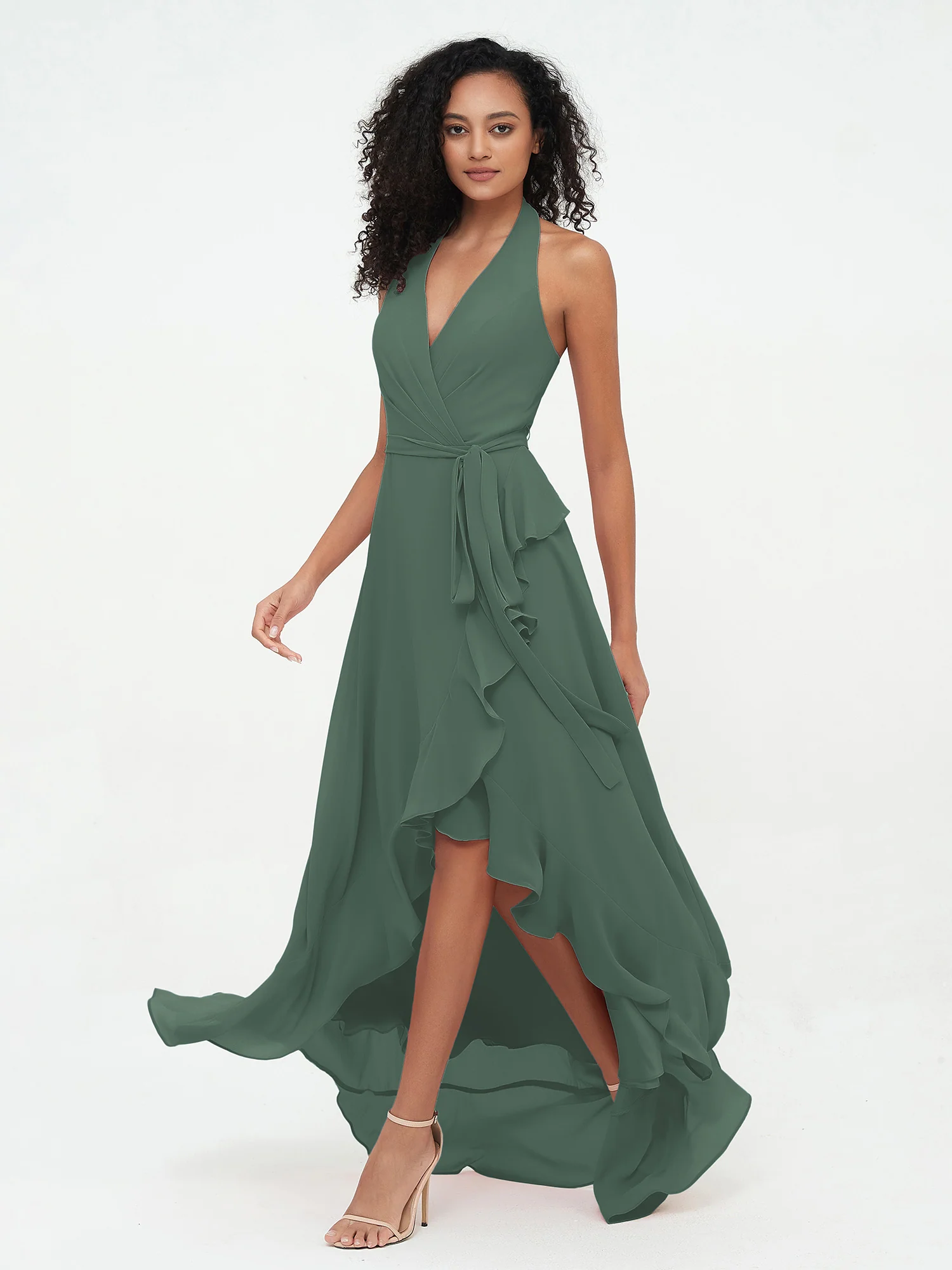 Halter Deep-V Neck Chiffon Asymmetrical Dresses-Eucalyptus - Image 3