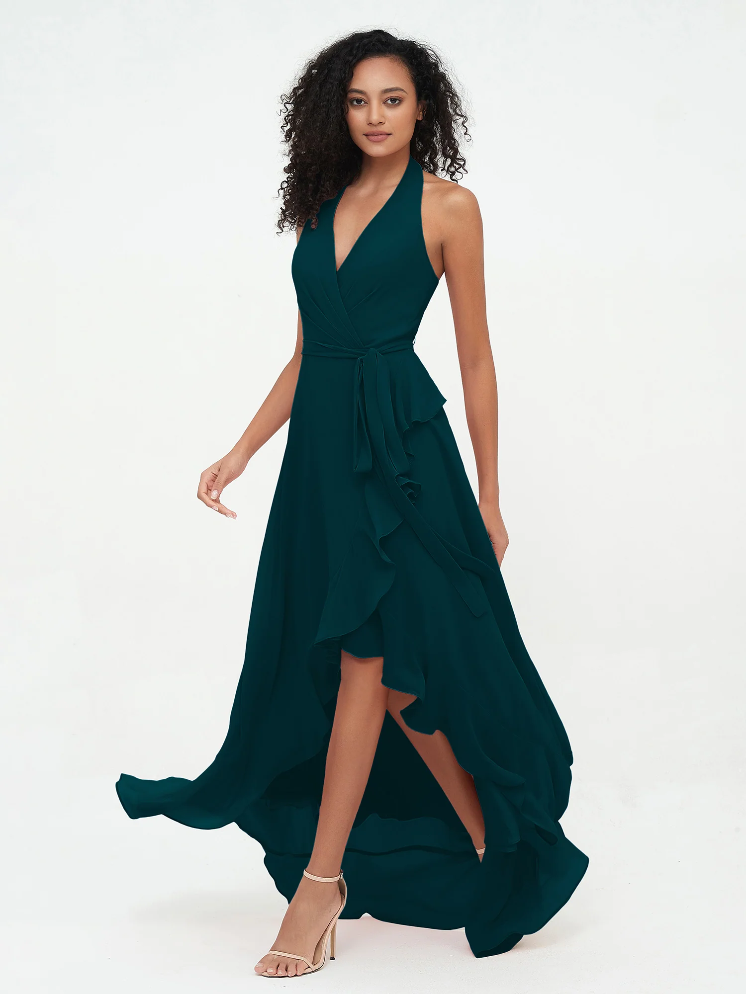 Halter Deep-V Neck Chiffon Asymmetrical Dresses-Pine - Image 3