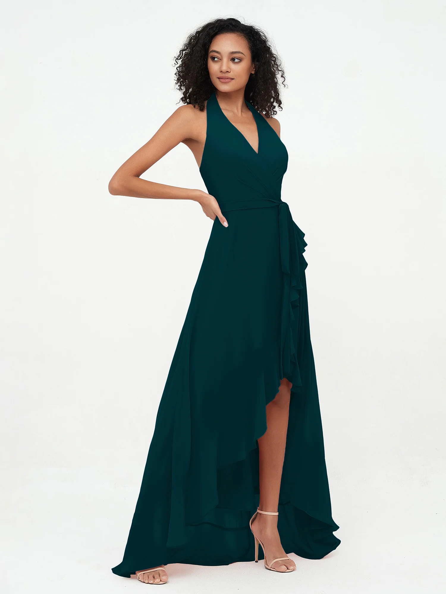 Halter Deep-V Neck Chiffon Asymmetrical Dresses-Pine - Image 4