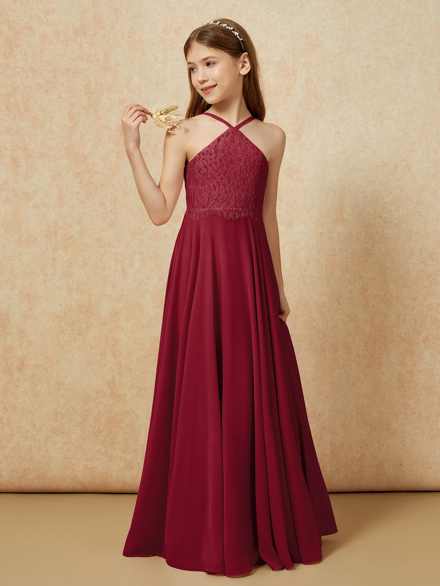 Halter Lace Top Long Chiffon Junior Bridesmaid Dress Burgundy - Image 3