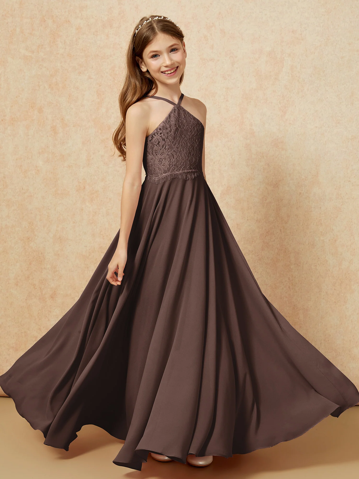 Halter Lace Top Long Chiffon Junior Bridesmaid Dress Chocolate - Image 4
