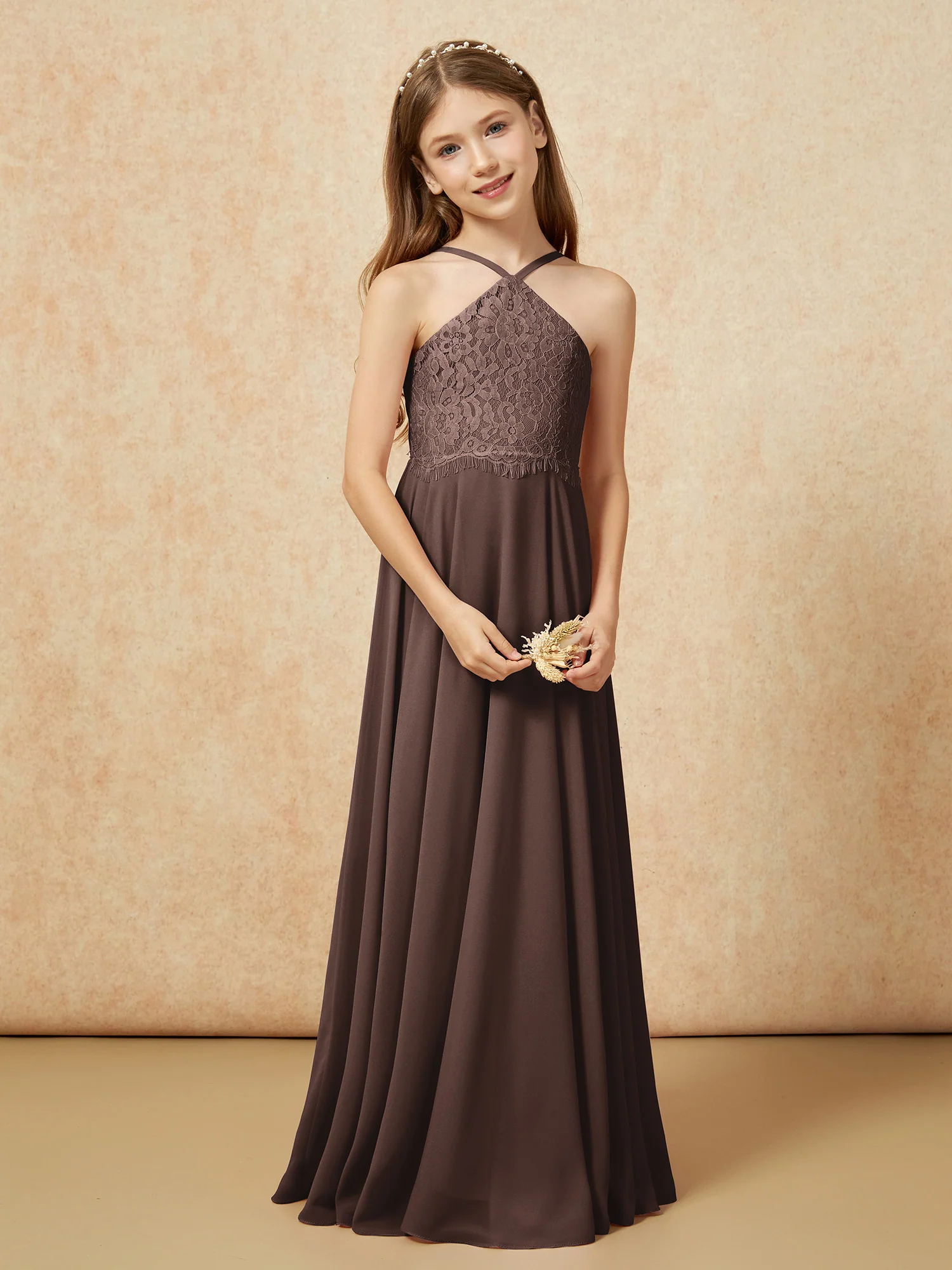 Halter Lace Top Long Chiffon Junior Bridesmaid Dress Chocolate - Image 5