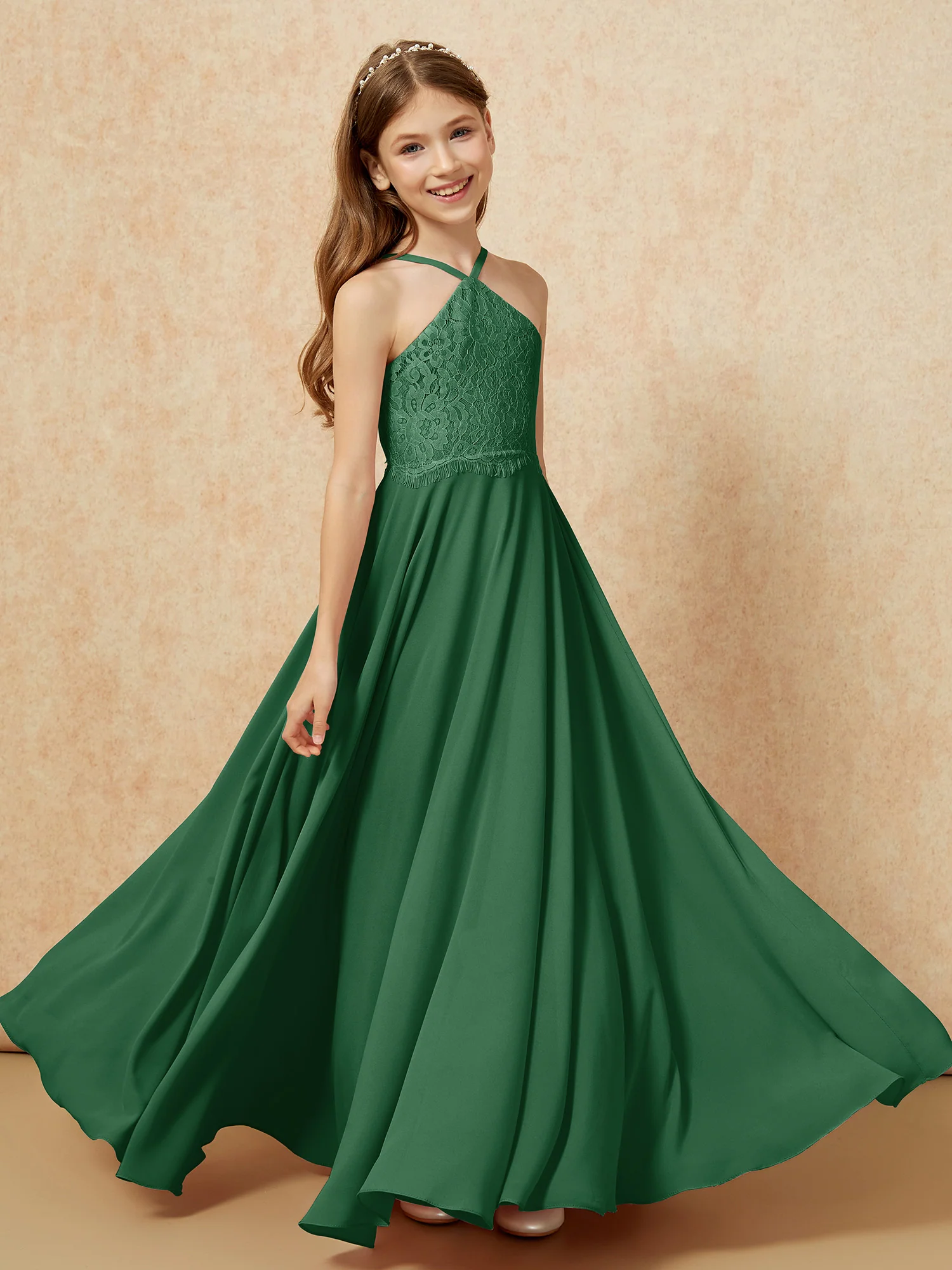 Halter Lace Top Long Chiffon Junior Bridesmaid Dress Dark Green - Image 4