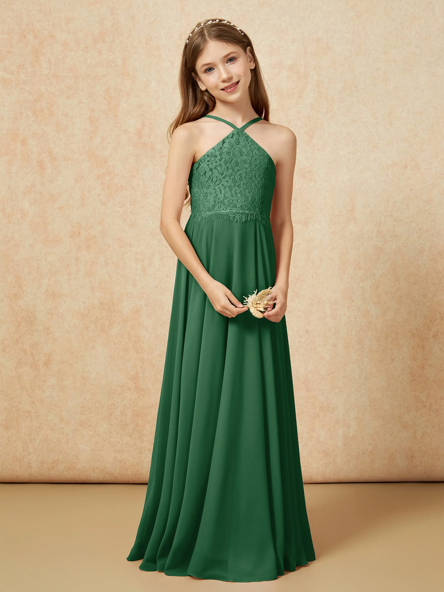 Halter Lace Top Long Chiffon Junior Bridesmaid Dress Dark Green - Image 5