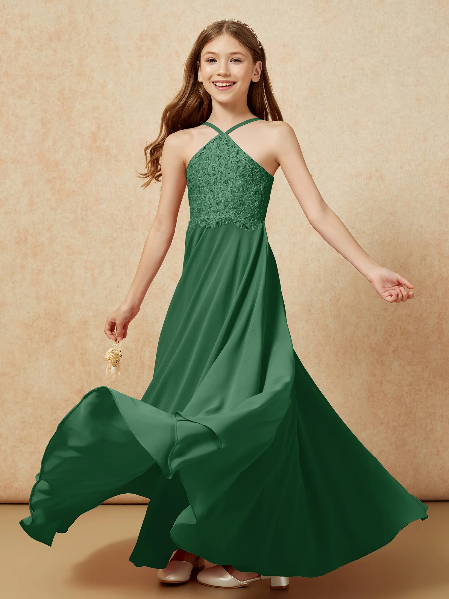 Halter Lace Top Long Chiffon Junior Bridesmaid Dress Dark Green - Image 6