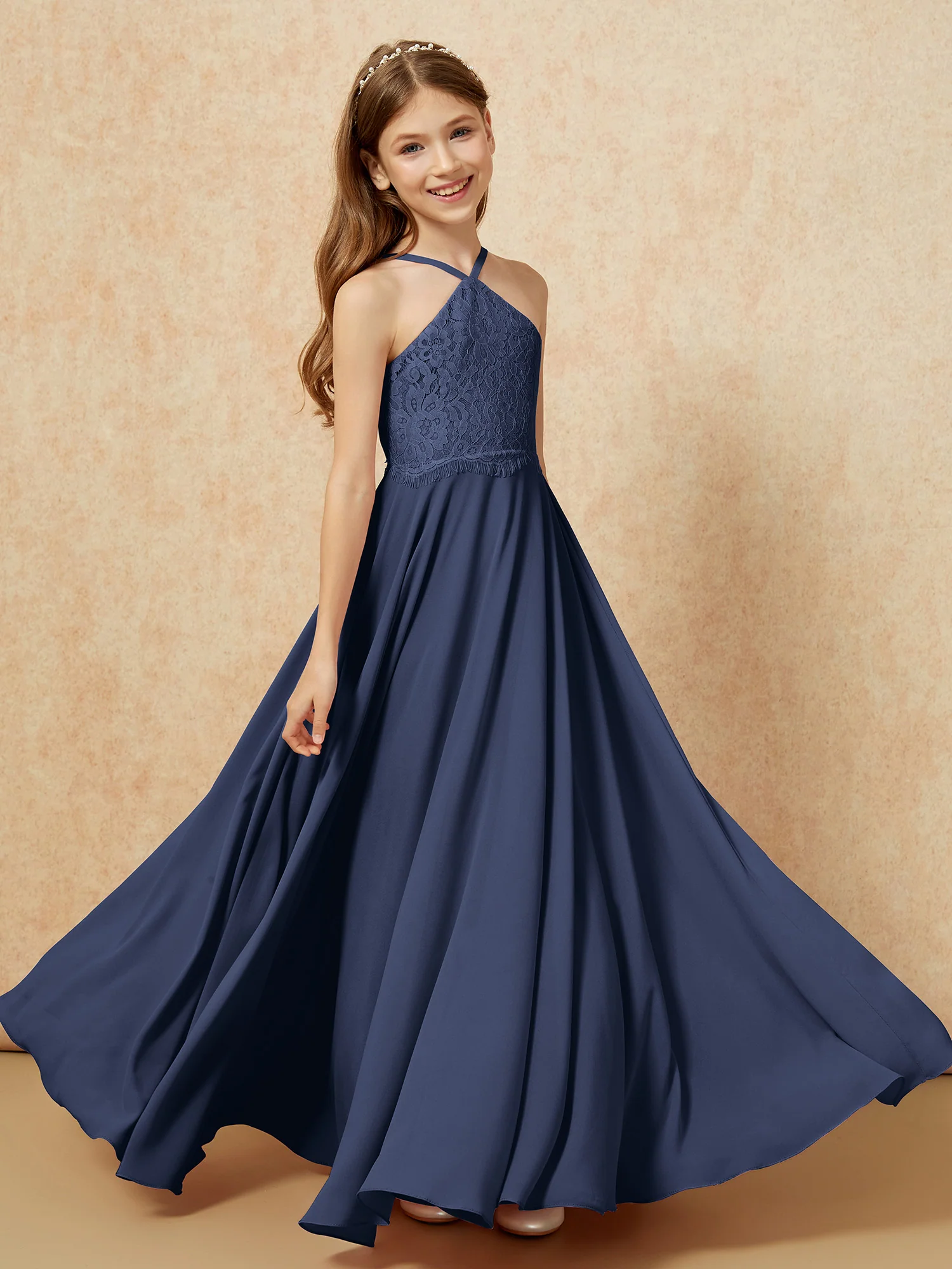 Halter Lace Top Long Chiffon Junior Bridesmaid Dress Dark Navy - Image 4