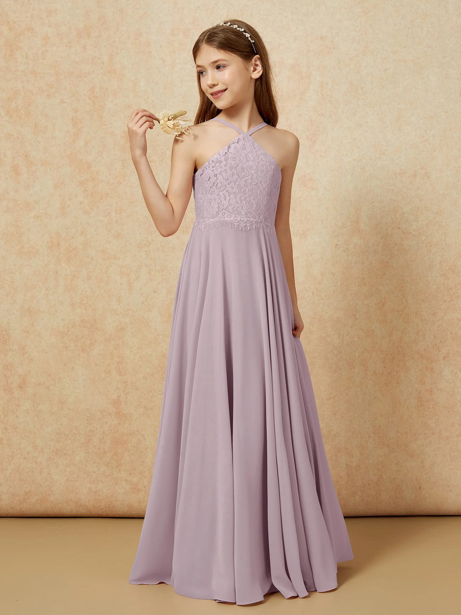 Halter Lace Top Long Chiffon Junior Bridesmaid Dress Dusk - Image 3
