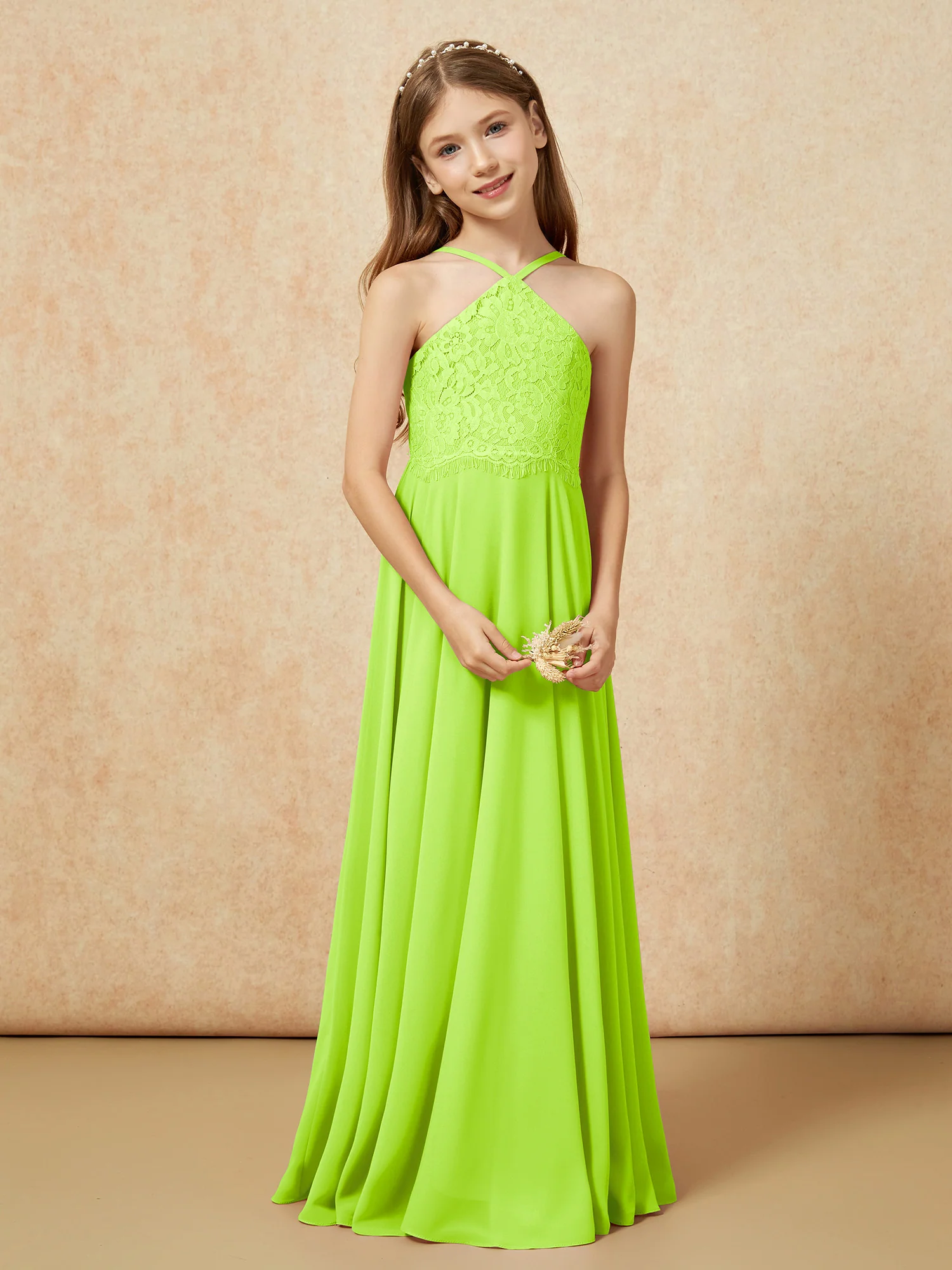 Halter Lace Top Long Chiffon Junior Bridesmaid Dress Lime Green - Image 5