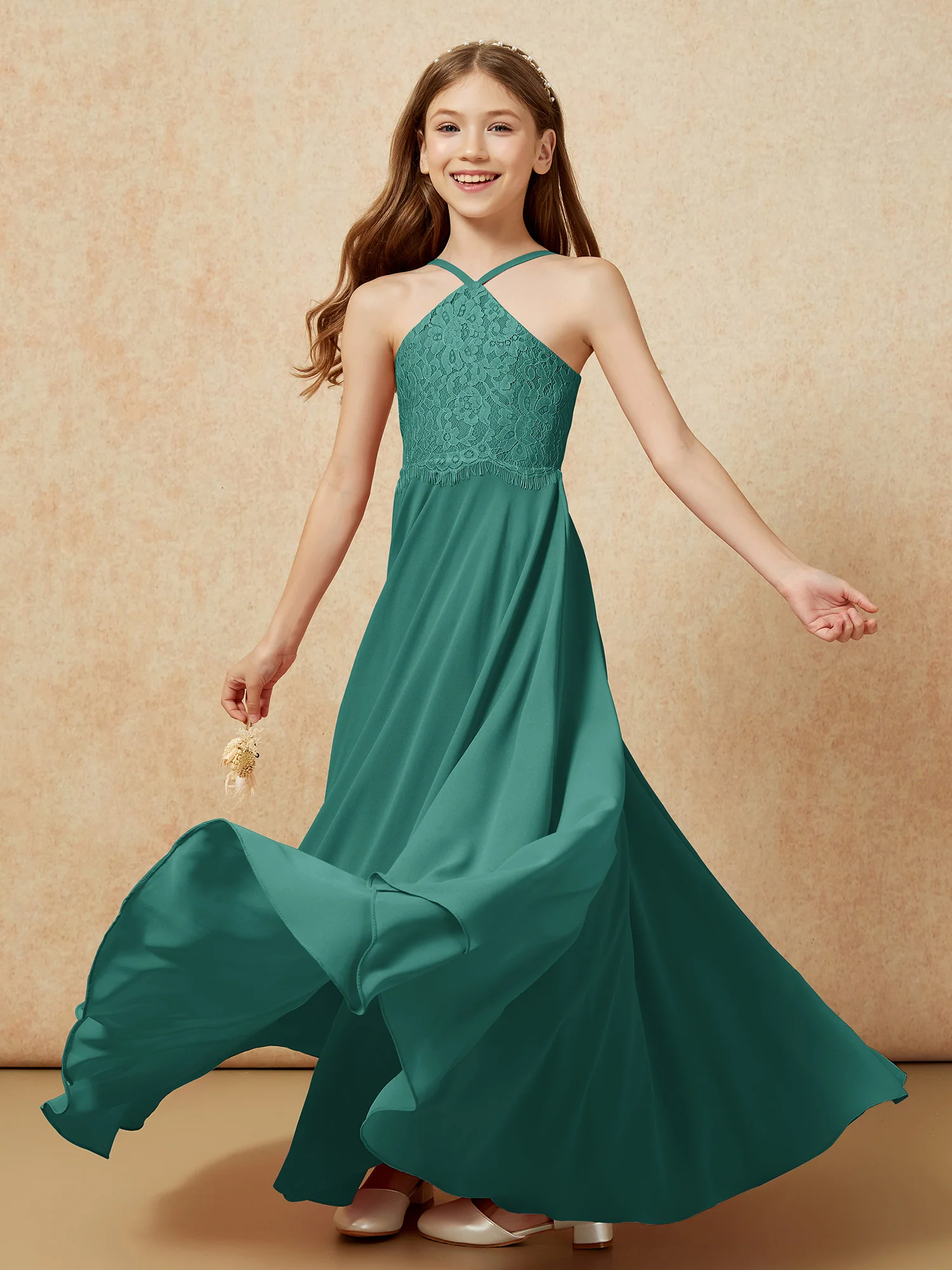 Halter Lace Top Long Chiffon Junior Bridesmaid Dress Peacock - Image 6