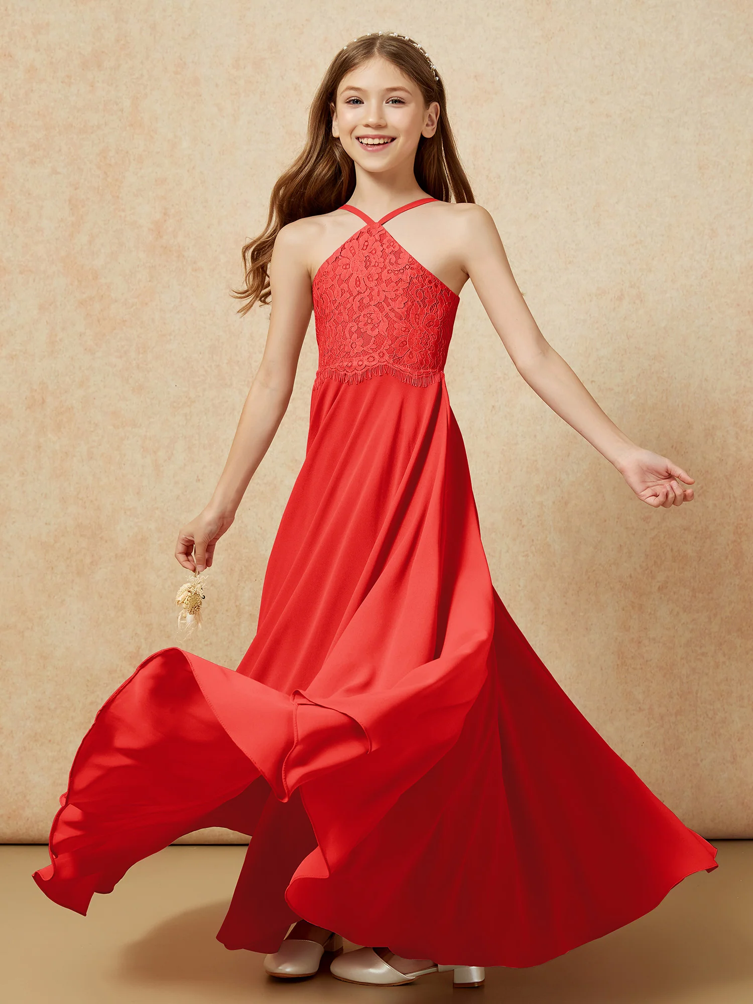 Halter Lace Top Long Chiffon Junior Bridesmaid Dress Red - Image 6
