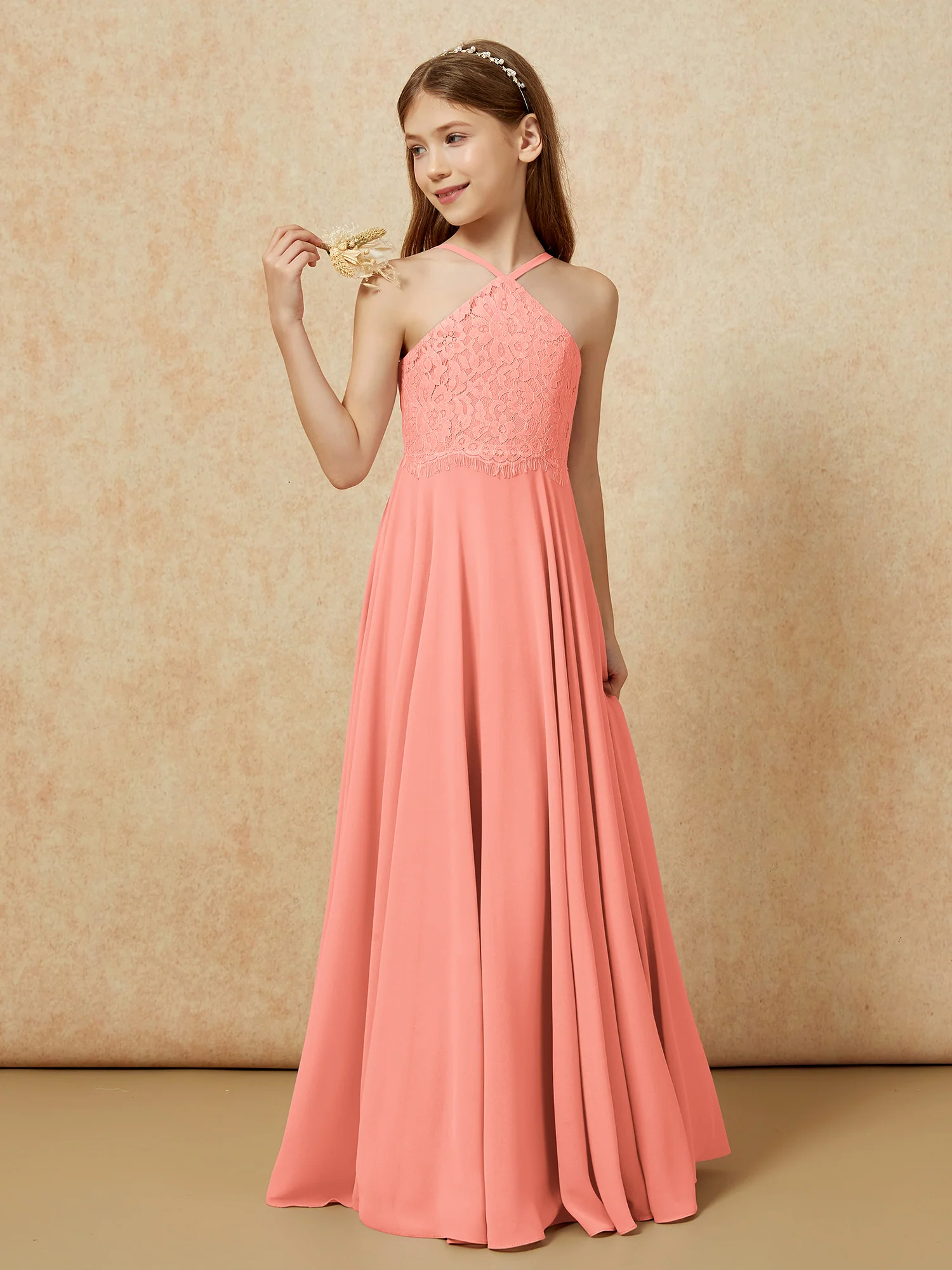 Halter Lace Top Long Chiffon Junior Bridesmaid Dress Sunset - Image 3