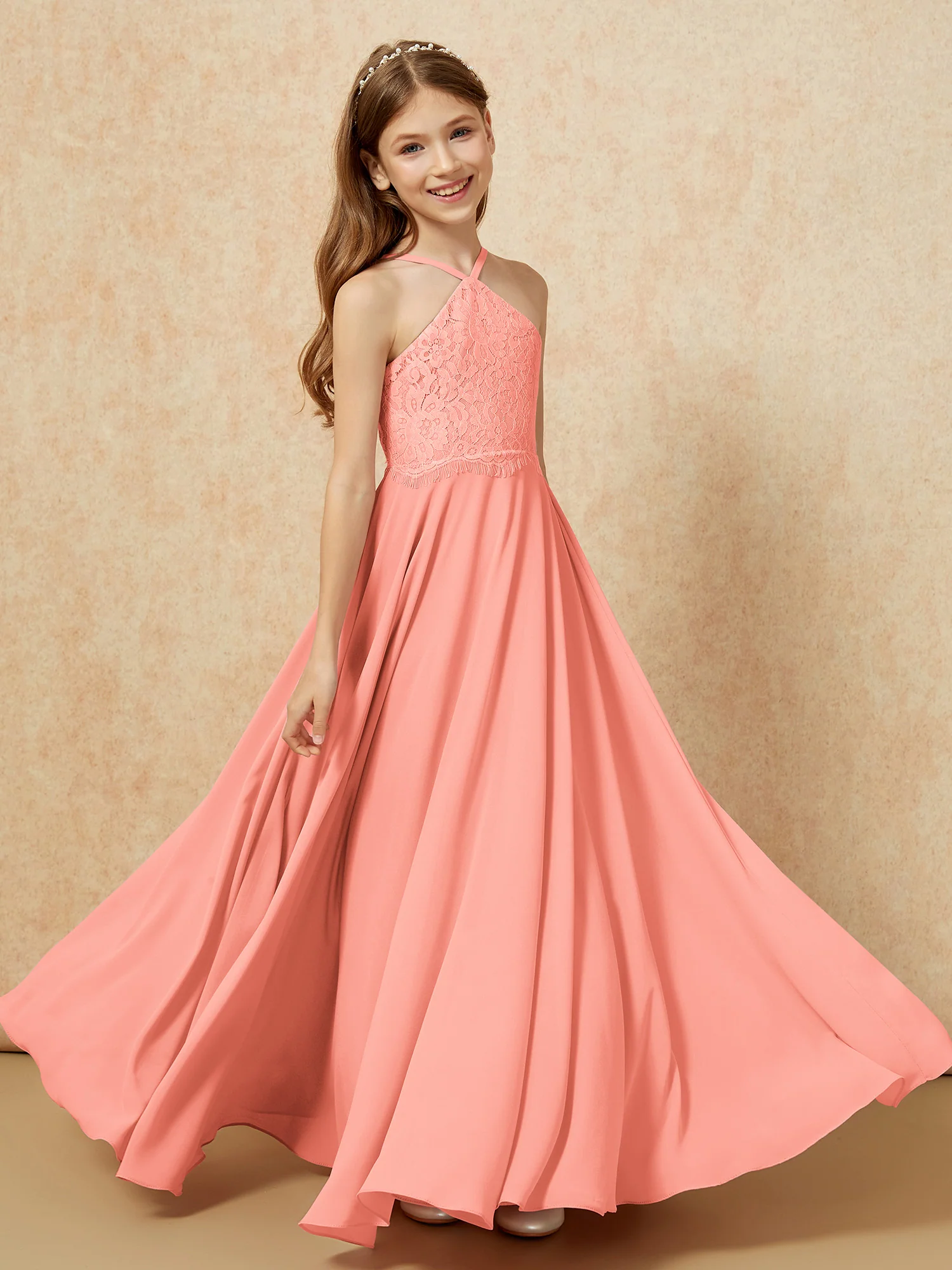 Halter Lace Top Long Chiffon Junior Bridesmaid Dress Sunset - Image 4