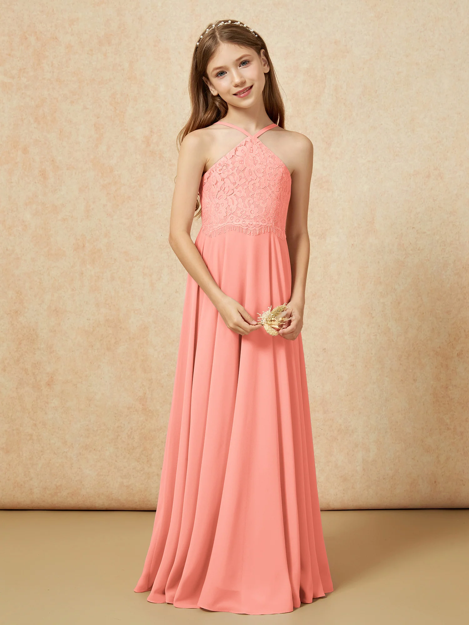 Halter Lace Top Long Chiffon Junior Bridesmaid Dress Sunset - Image 5