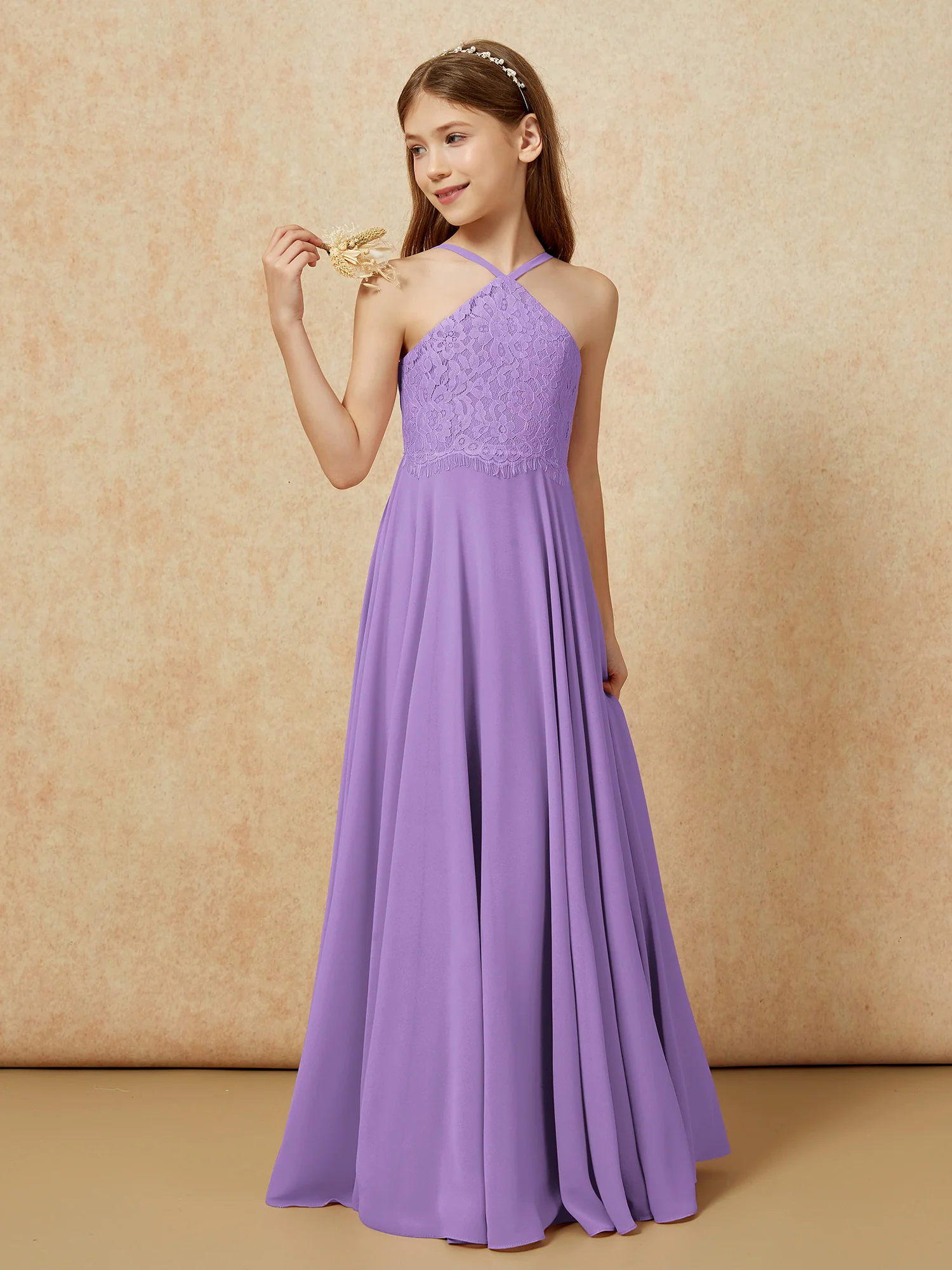 Halter Lace Top Long Chiffon Junior Bridesmaid Dress Tahiti - Image 3