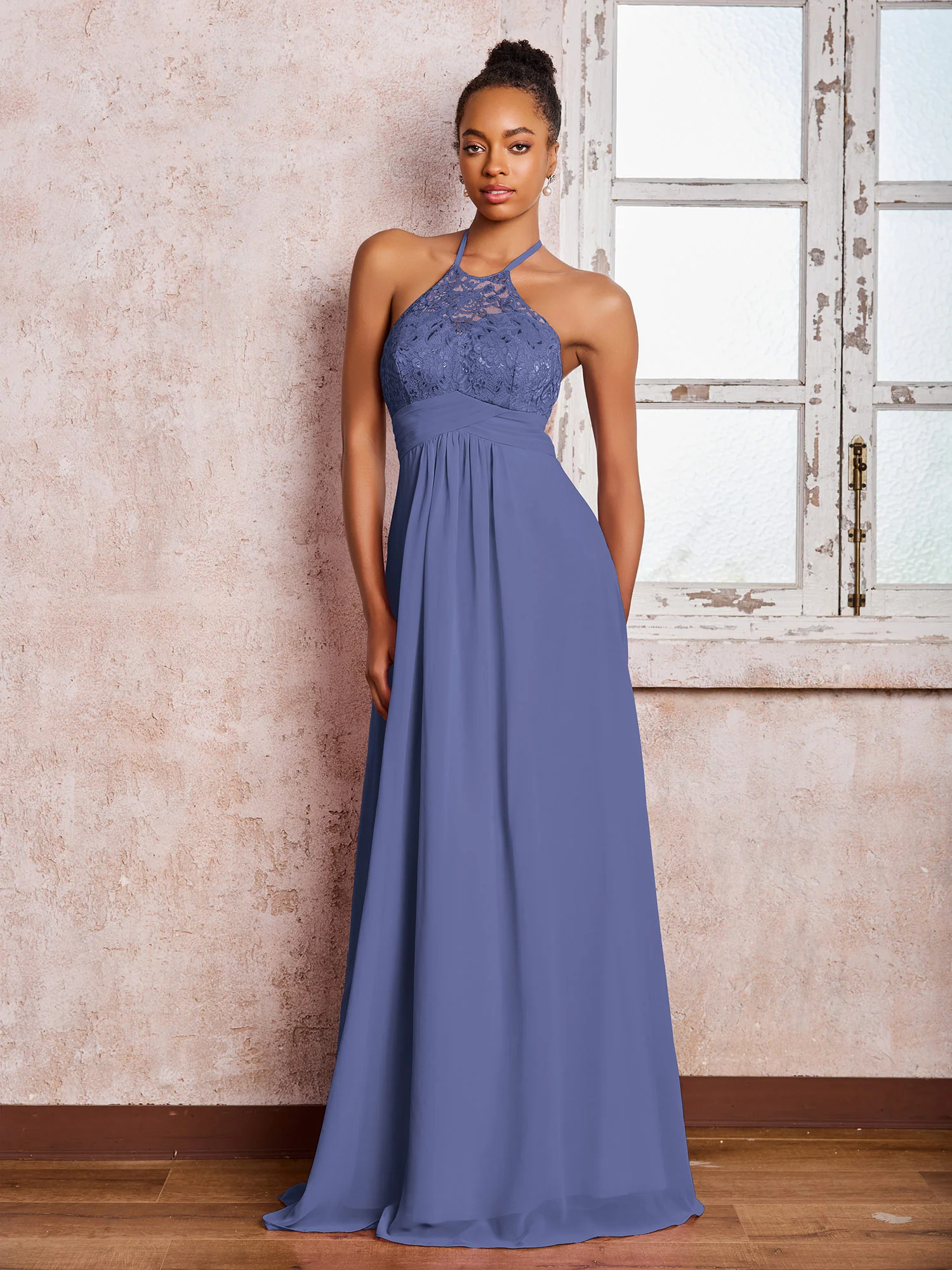 Halter Lace Top Sleeveless Chiffon Long Gowns Periwinkle
