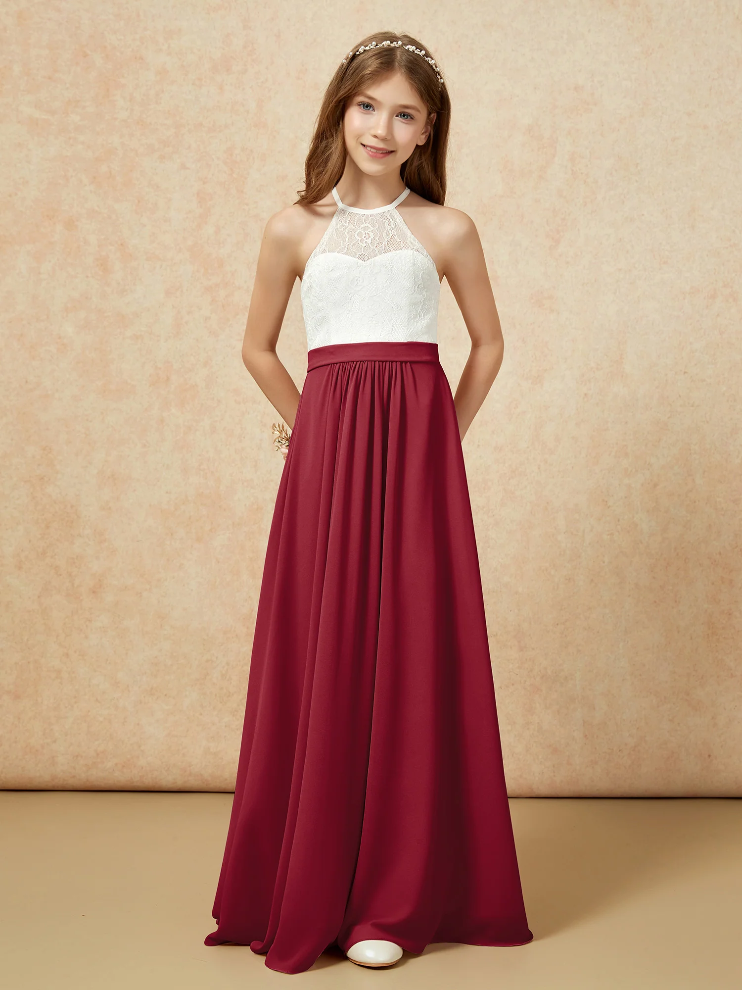 Halter Lace Top Sleeveless Junior Bridesmaid Dress Burgundy - Image 4