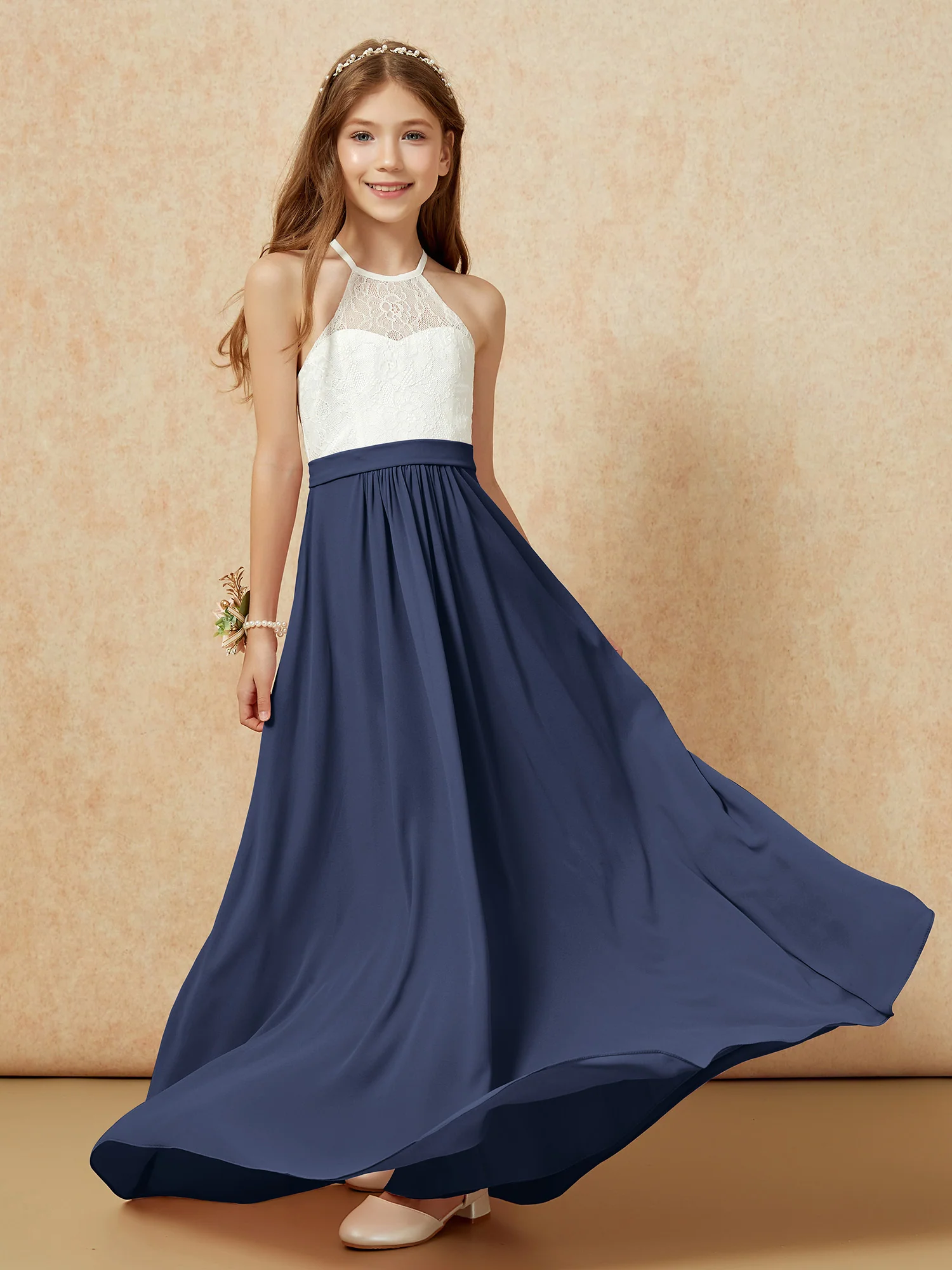 Halter Lace Top Sleeveless Junior Bridesmaid Dress Dark Navy - Image 5