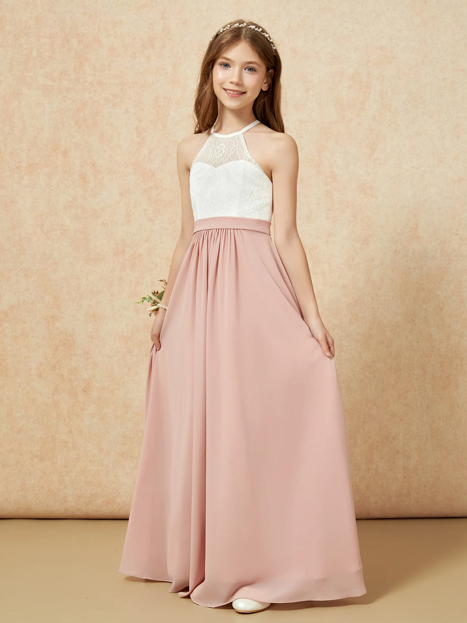 Halter Lace Top Sleeveless Junior Bridesmaid Dress Dusty Rose - Image 3