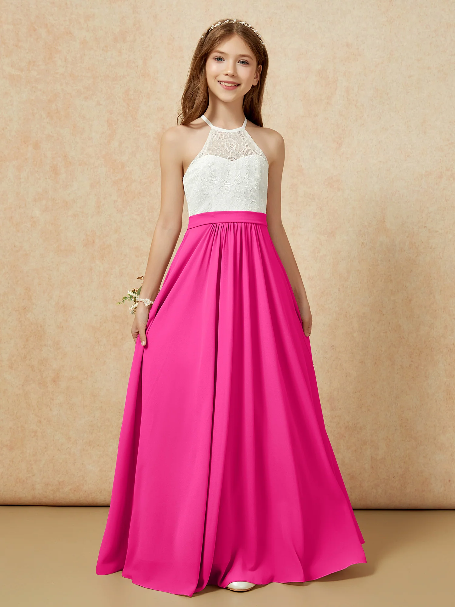 Halter Lace Top Sleeveless Junior Bridesmaid Dress Fuchsia