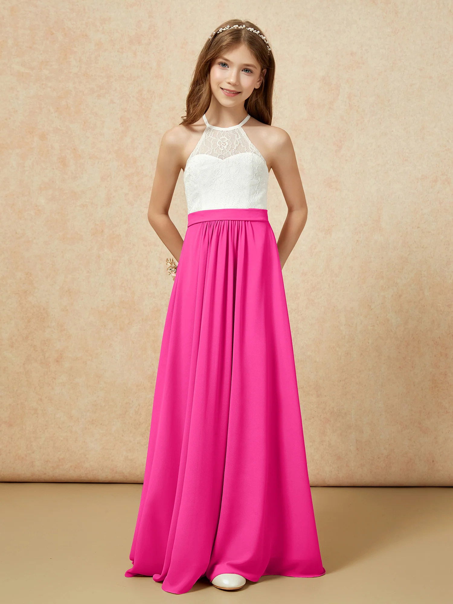 Halter Lace Top Sleeveless Junior Bridesmaid Dress Fuchsia - Image 4