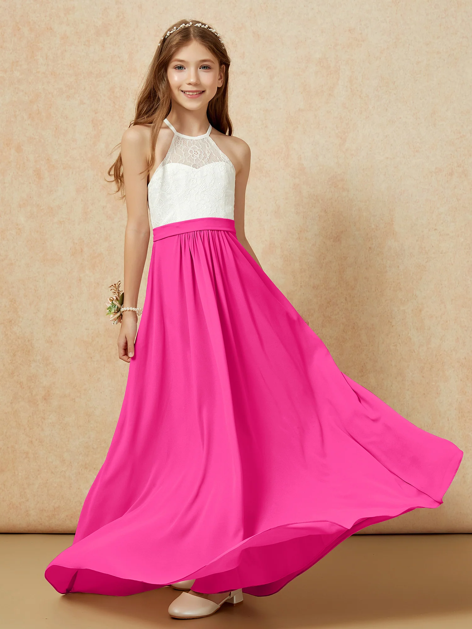 Halter Lace Top Sleeveless Junior Bridesmaid Dress Fuchsia - Image 5