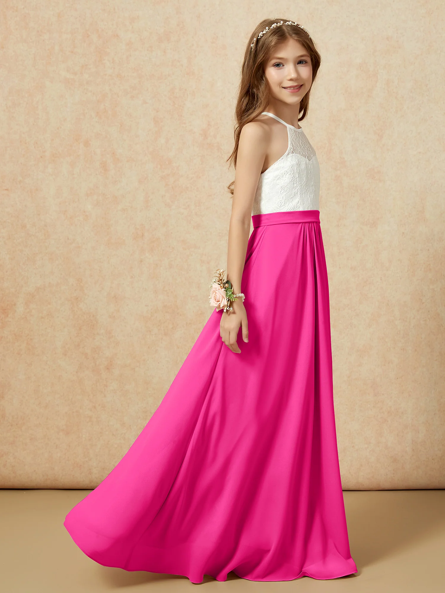 Halter Lace Top Sleeveless Junior Bridesmaid Dress Fuchsia - Image 6