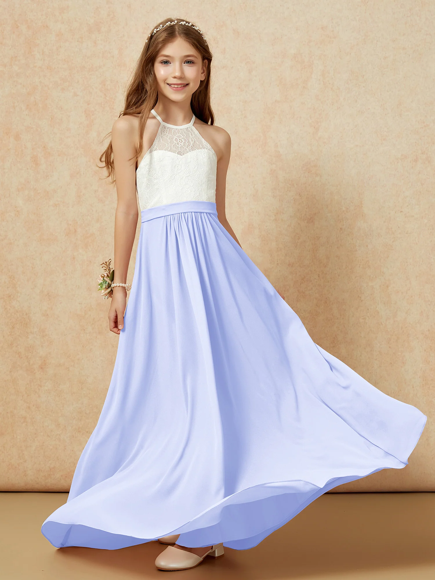 Halter Lace Top Sleeveless Junior Bridesmaid Dress Lavender - Image 5