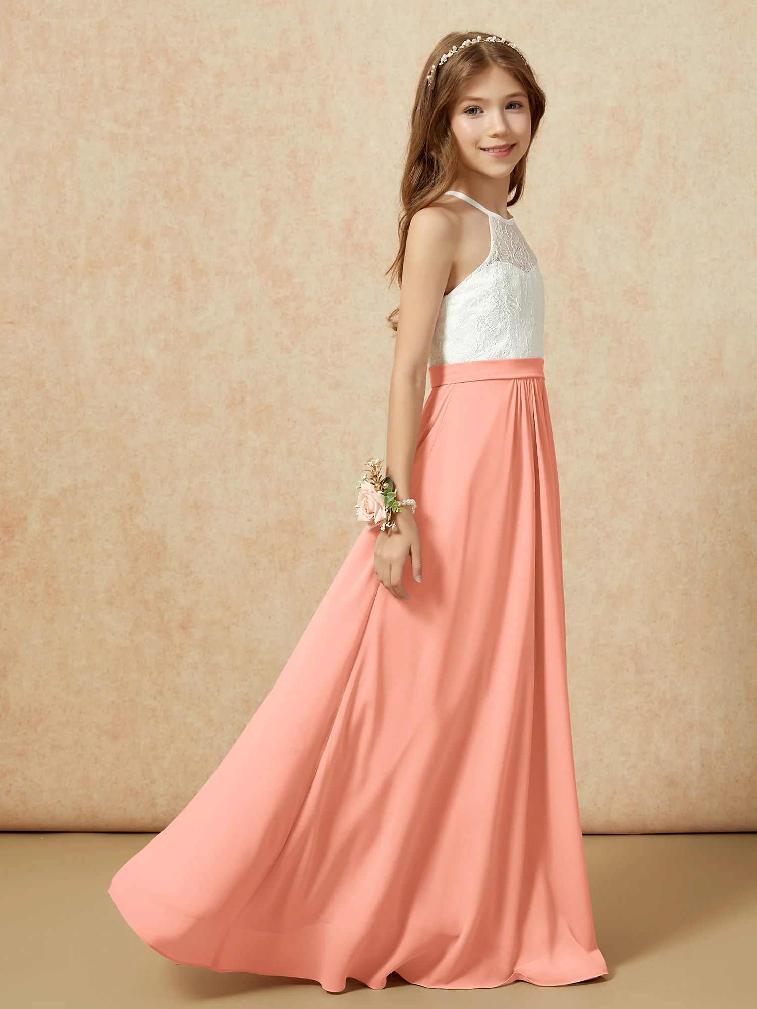 Halter Lace Top Sleeveless Junior Bridesmaid Dress Papaya - Image 6