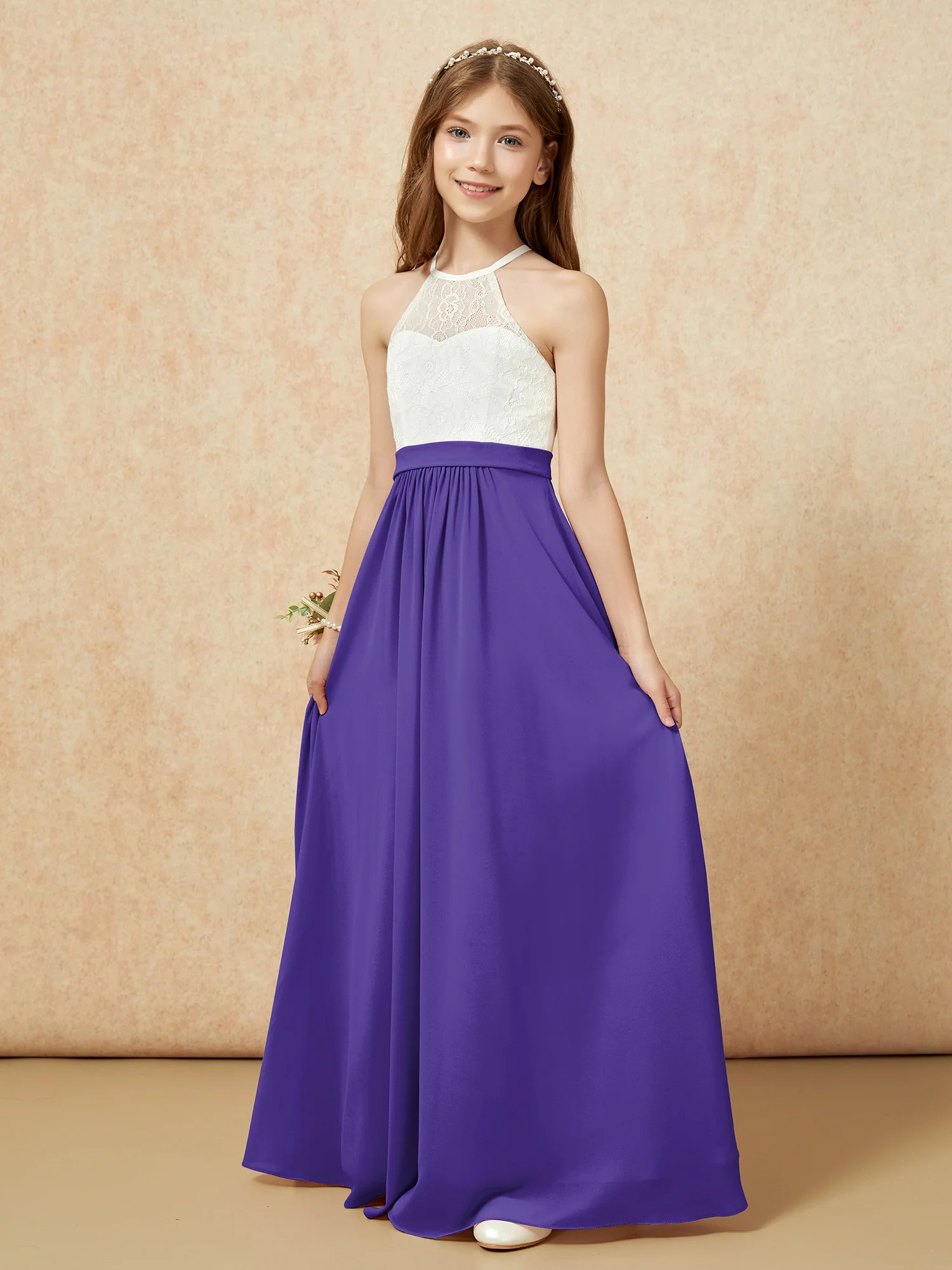 Halter Lace Top Sleeveless Junior Bridesmaid Dress Regency - Image 3
