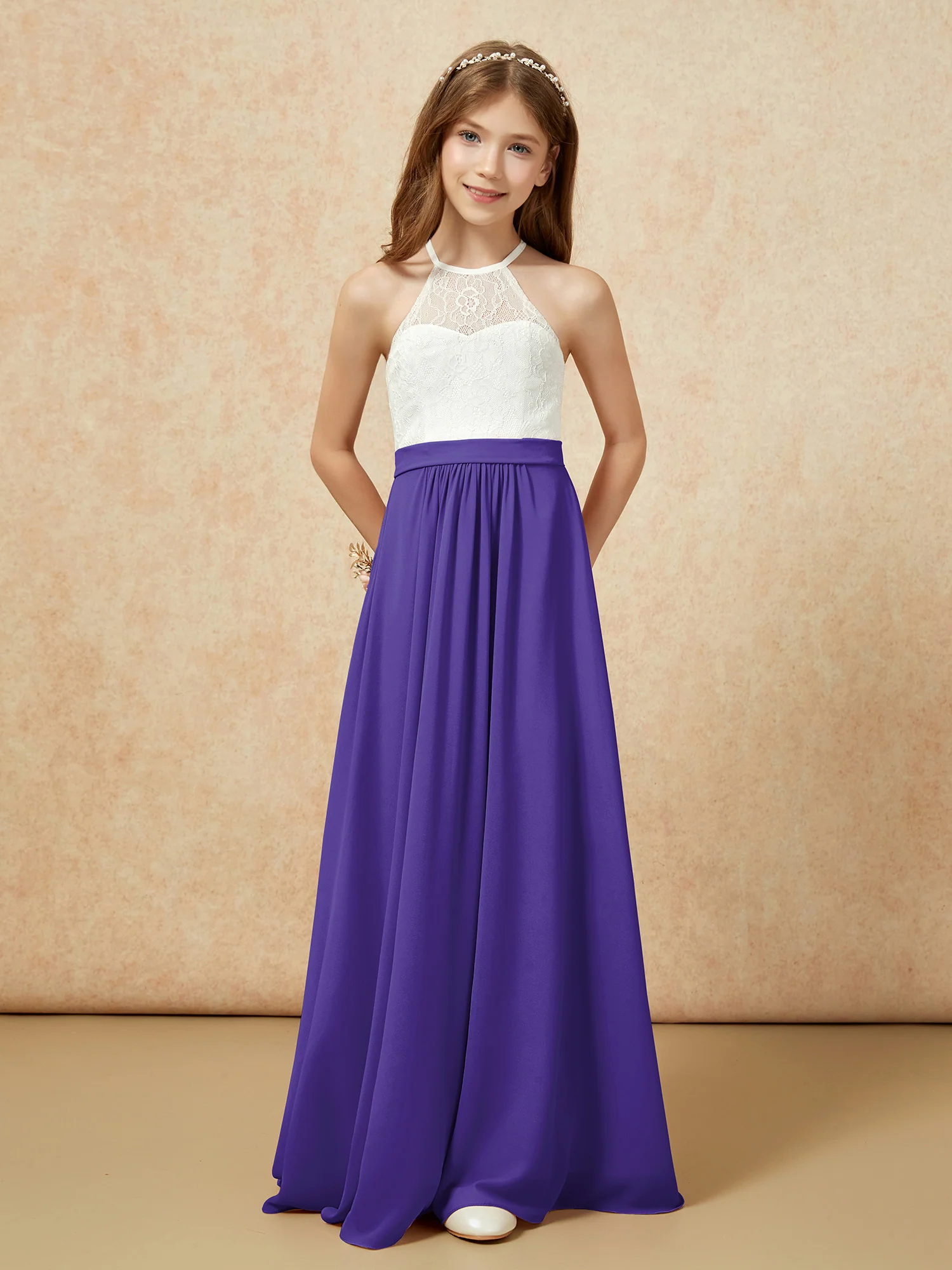 Halter Lace Top Sleeveless Junior Bridesmaid Dress Regency - Image 4