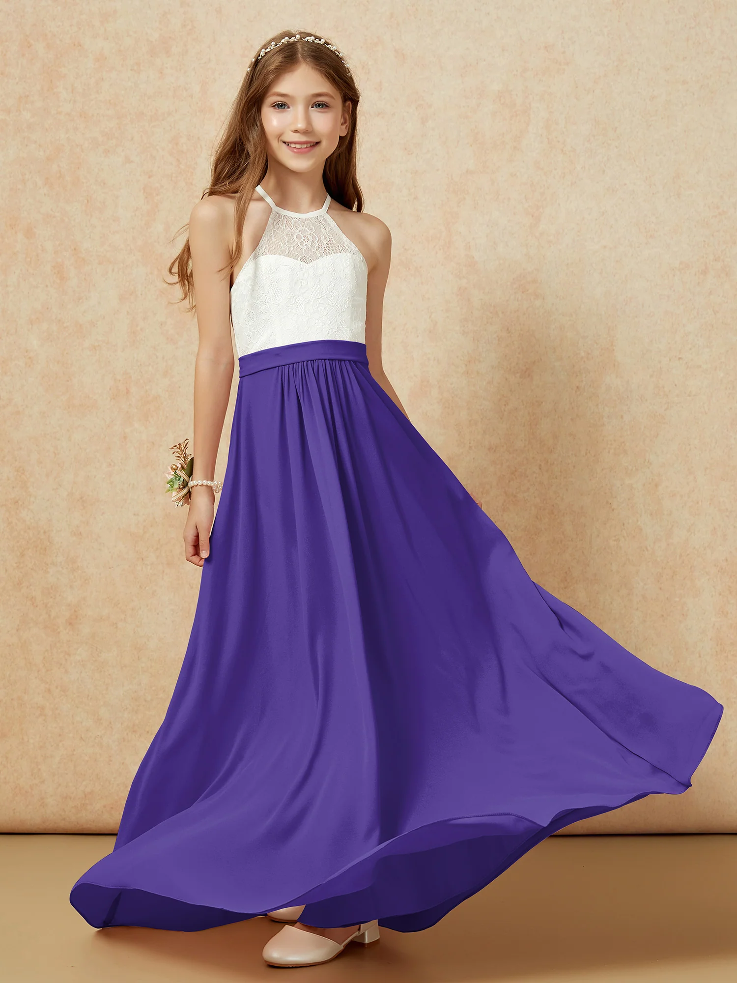 Halter Lace Top Sleeveless Junior Bridesmaid Dress Regency - Image 5