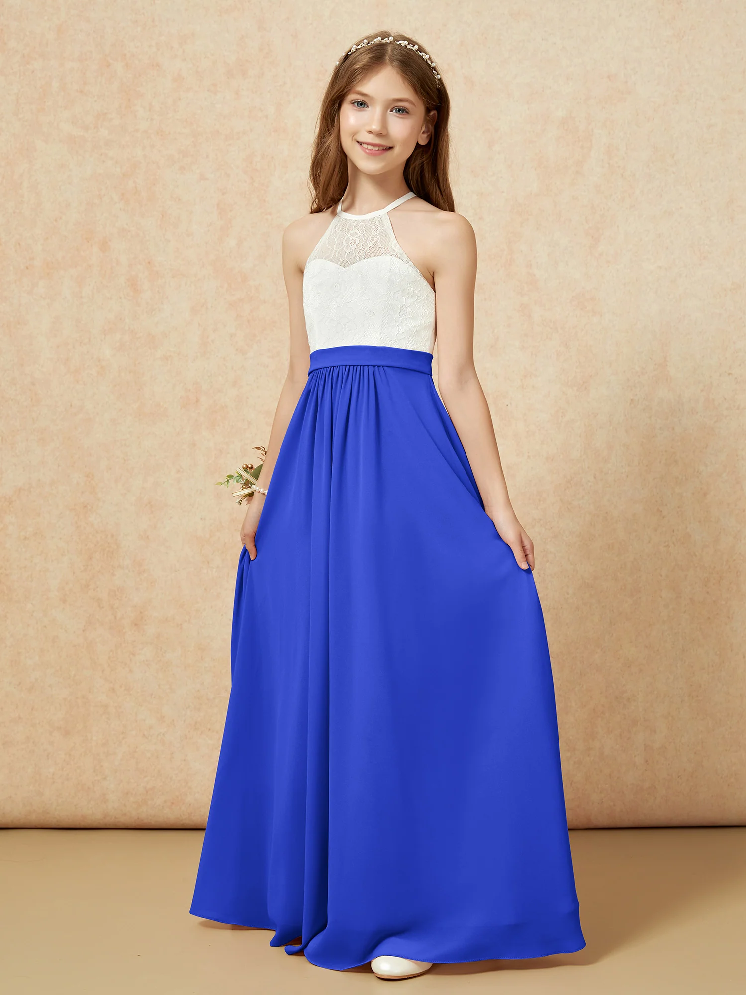 Halter Lace Top Sleeveless Junior Bridesmaid Dress Royal Blue - Image 3
