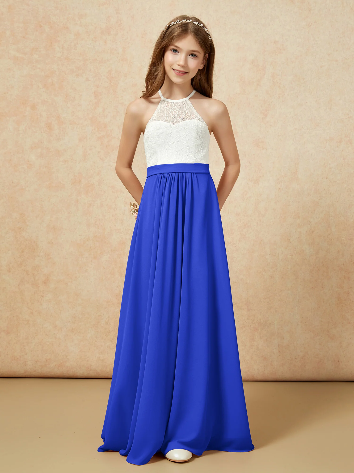 Halter Lace Top Sleeveless Junior Bridesmaid Dress Royal Blue - Image 4