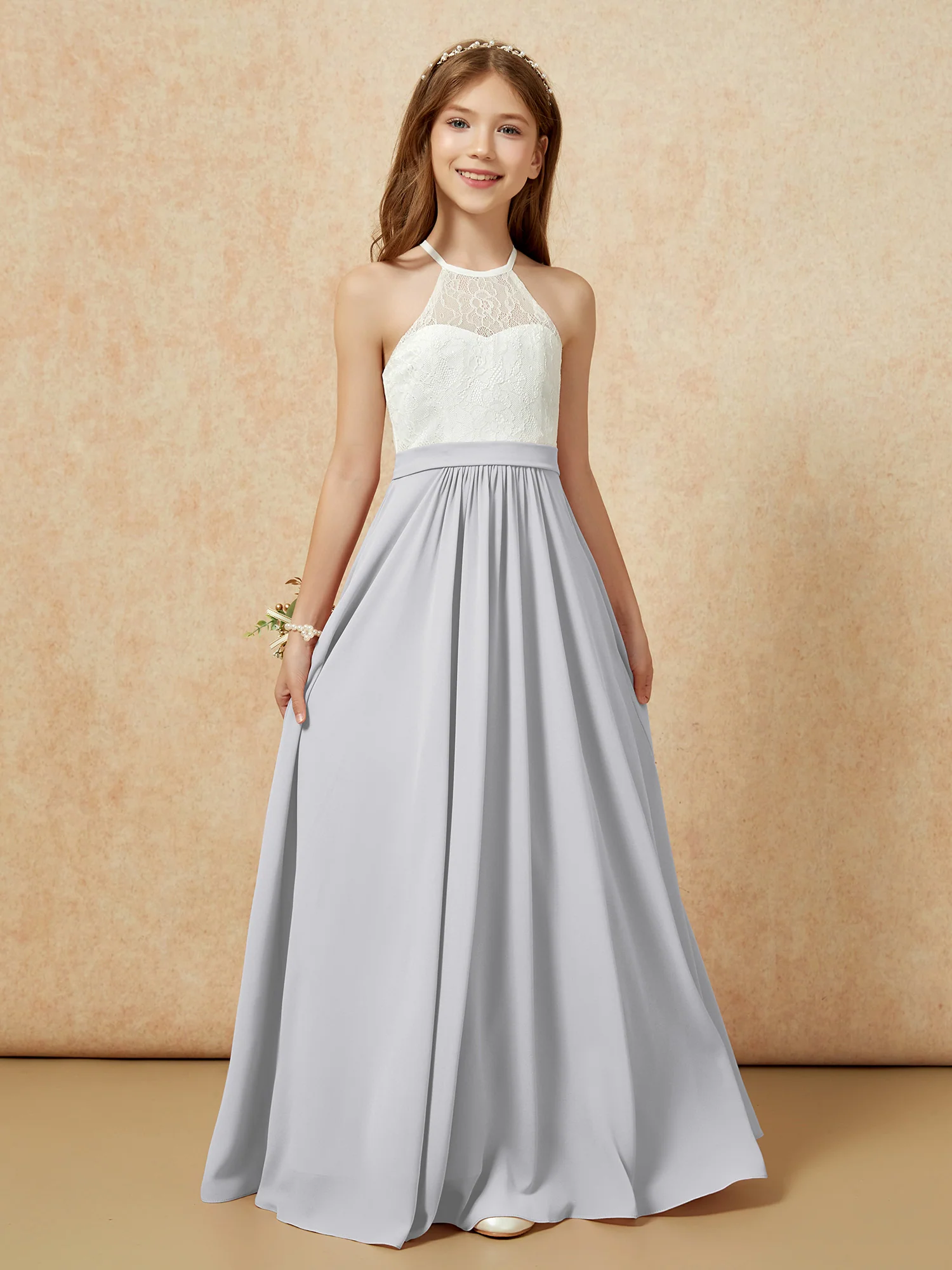 Halter Lace Top Sleeveless Junior Bridesmaid Dress Silver - Image 7