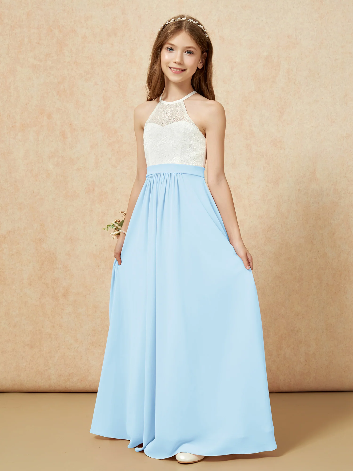 Halter Lace Top Sleeveless Junior Bridesmaid Dress Sky Blue - Image 3