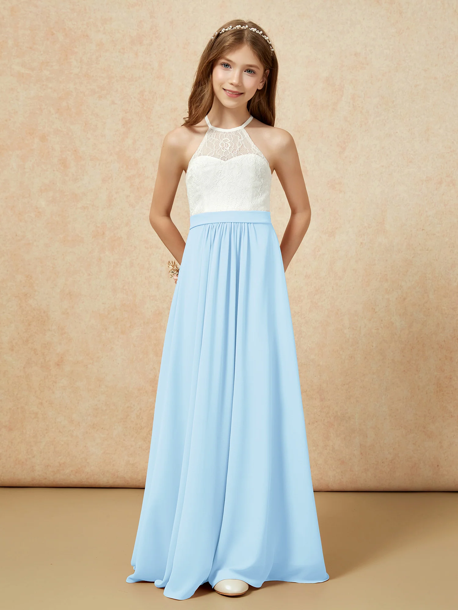 Halter Lace Top Sleeveless Junior Bridesmaid Dress Sky Blue - Image 4