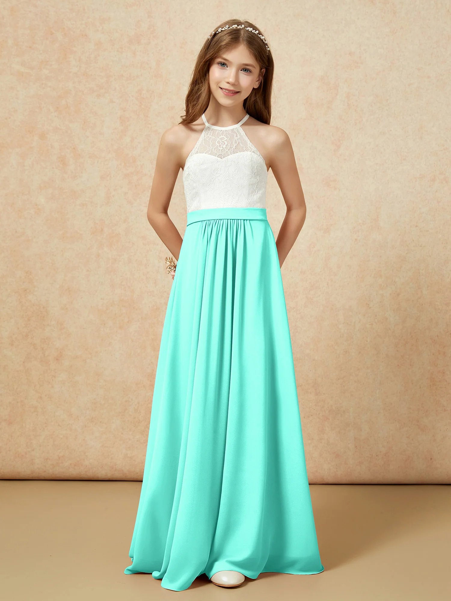 Halter Lace Top Sleeveless Junior Bridesmaid Dress Spa - Image 4