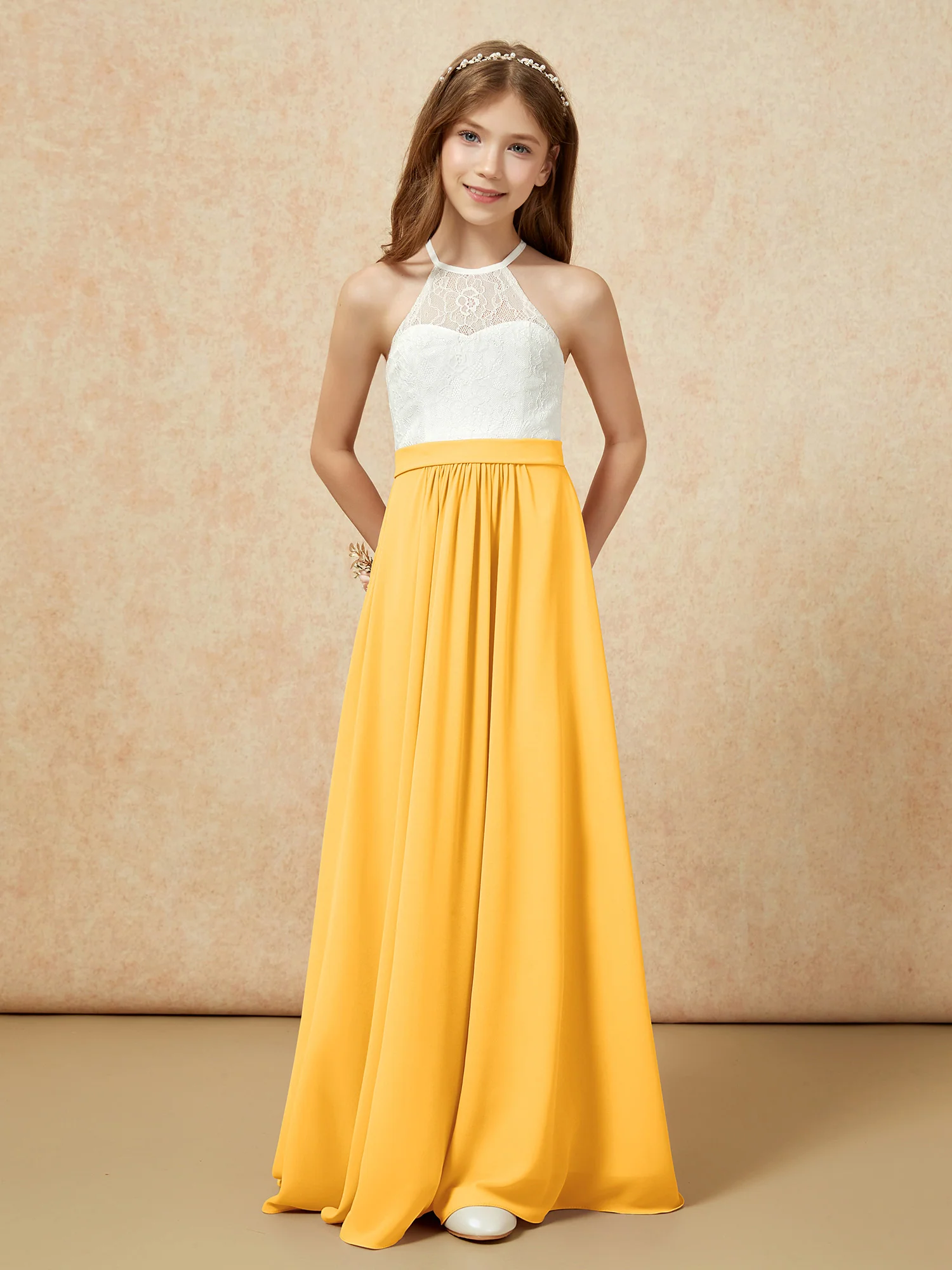 Halter Lace Top Sleeveless Junior Bridesmaid Dress Tangerine - Image 4
