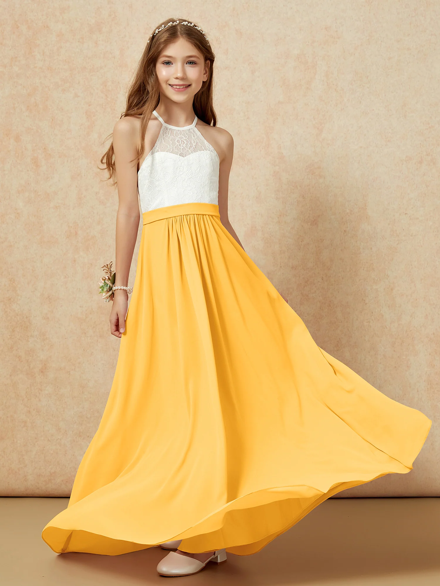 Halter Lace Top Sleeveless Junior Bridesmaid Dress Tangerine - Image 5