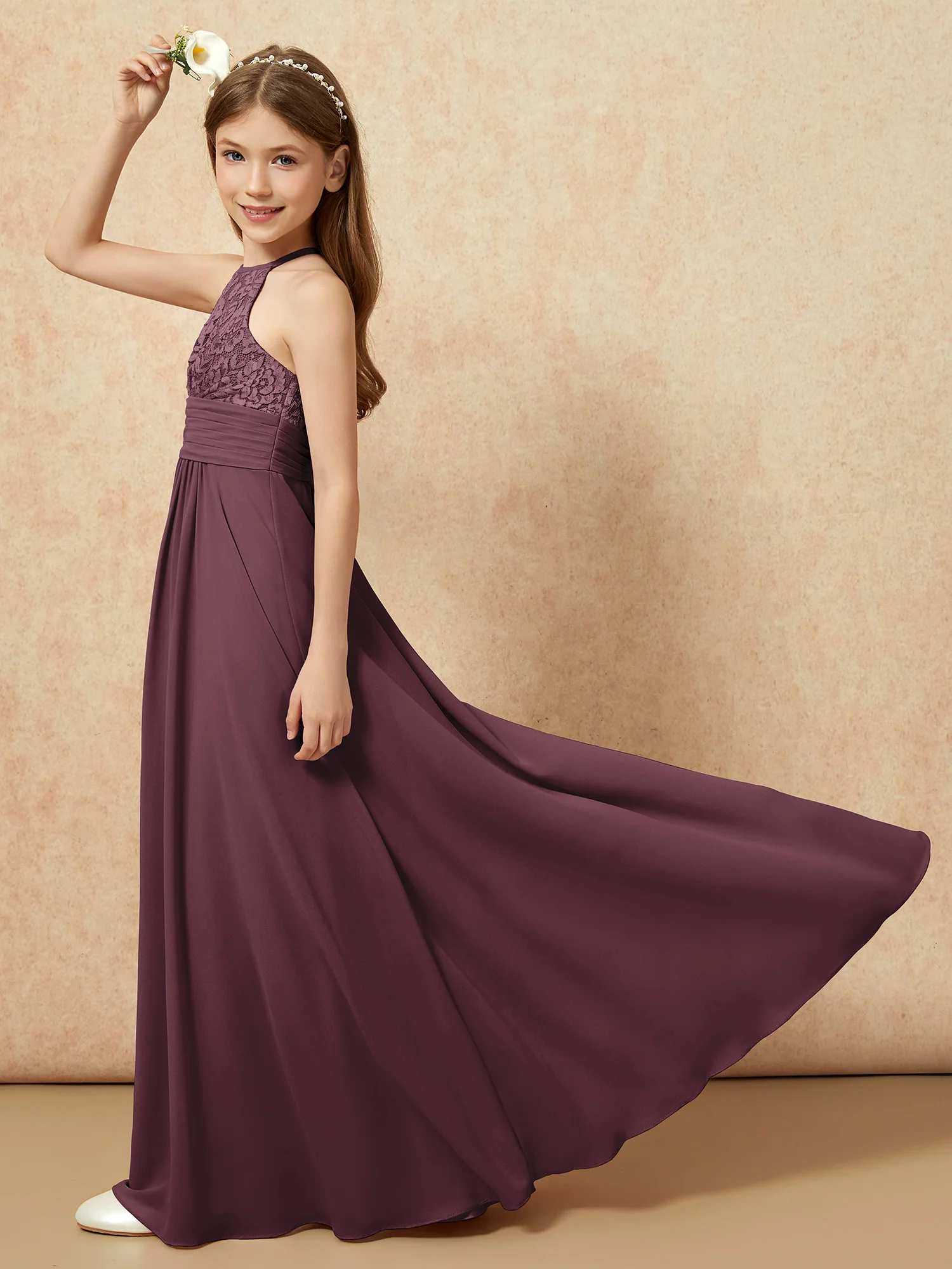 Halter Neck Lace Top Chiffon Junior Bridesmaid Dress Cabernet - Image 6