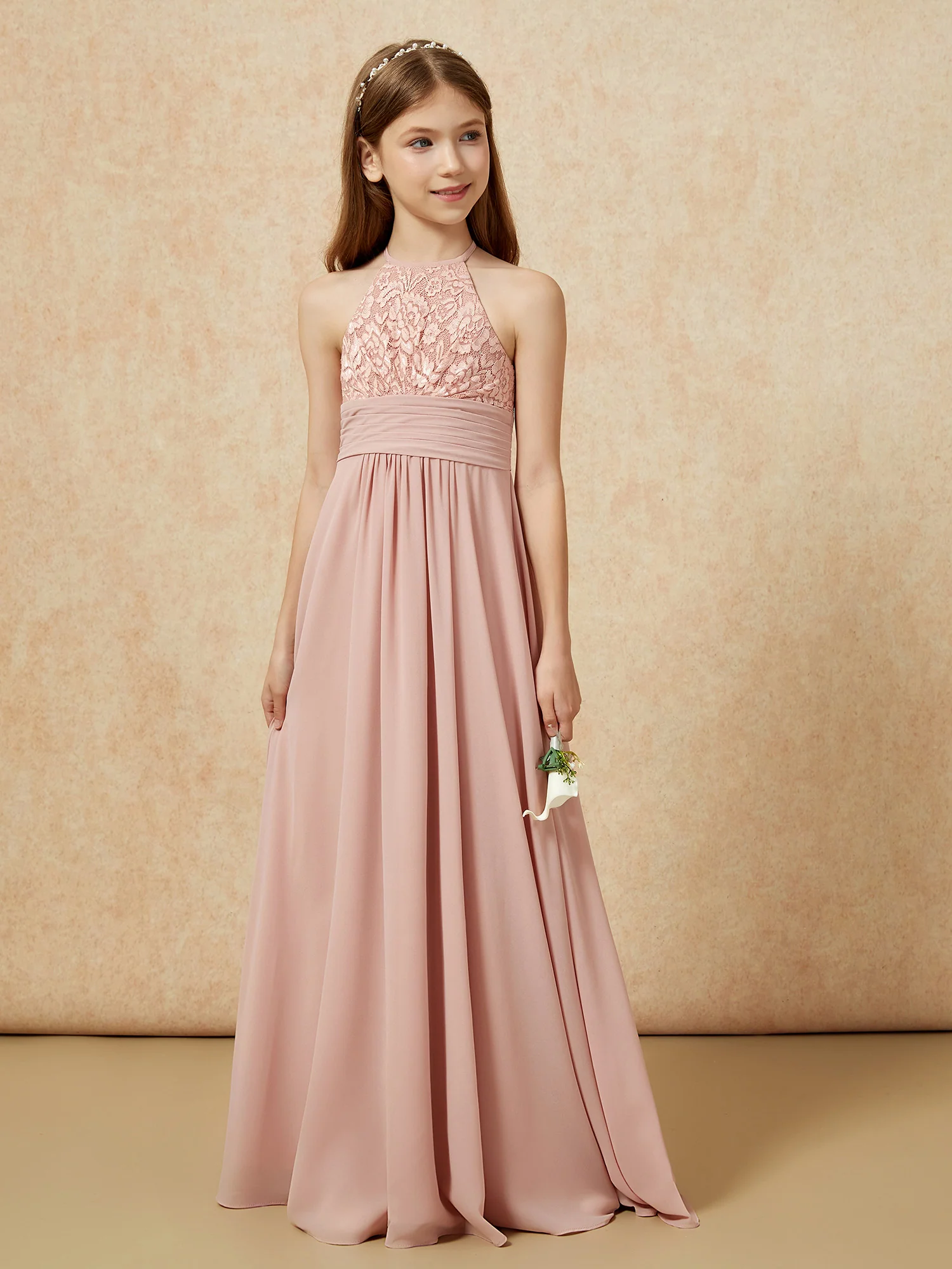 Halter Neck Lace Top Chiffon Junior Bridesmaid Dress Dusty Rose - Image 5