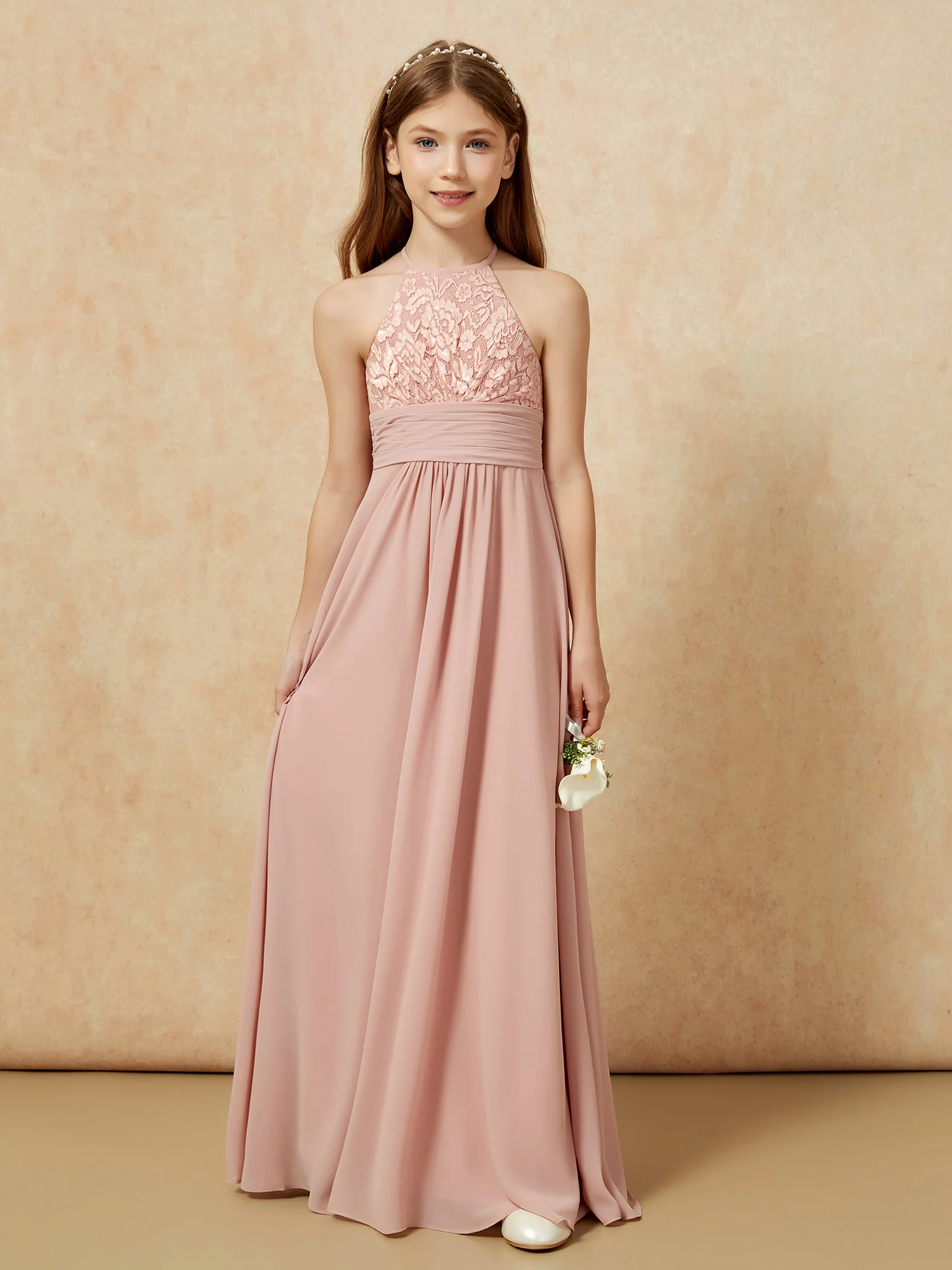 Halter Neck Lace Top Chiffon Junior Bridesmaid Dress Dusty Rose - Image 7